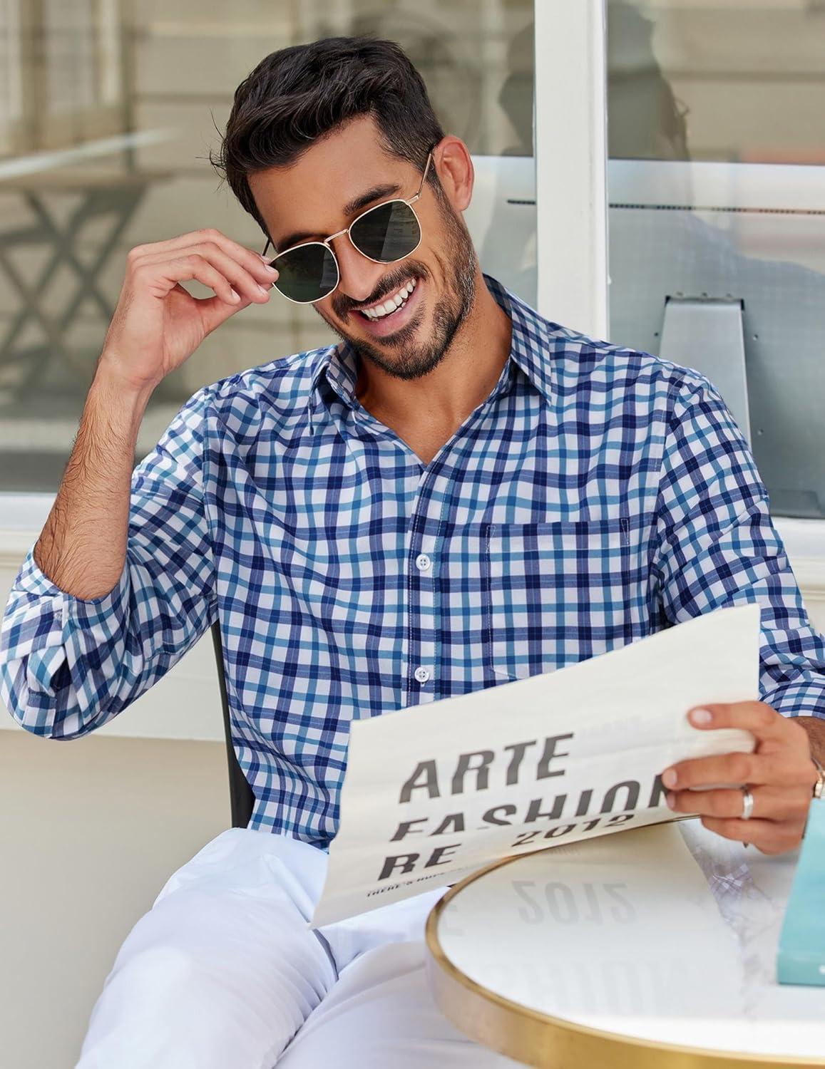 imageCOOFANDY Mens Plaid Button Down Shirt Cotton Long Sleeves Dress Shirt Wrinkle Free Casual Gingham ShirtBlue Gingham