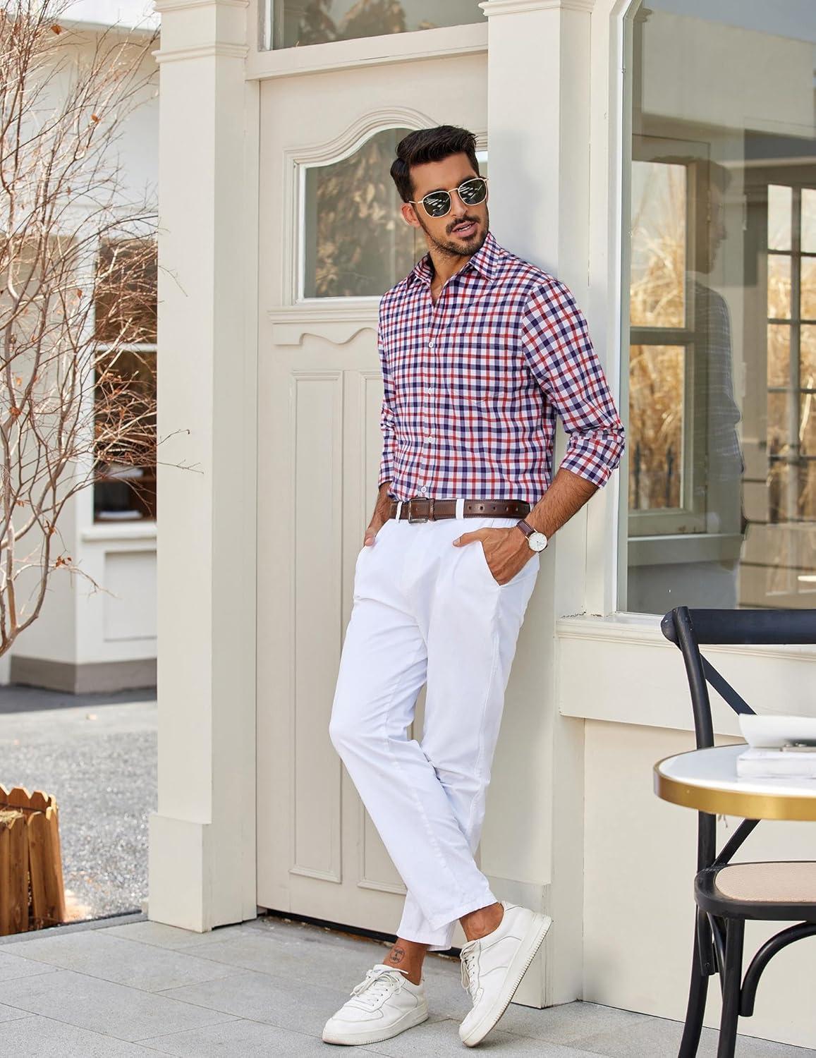 imageCOOFANDY Mens Plaid Button Down Shirt Cotton Long Sleeves Dress Shirt Wrinkle Free Casual Gingham ShirtBlue Red Gingham