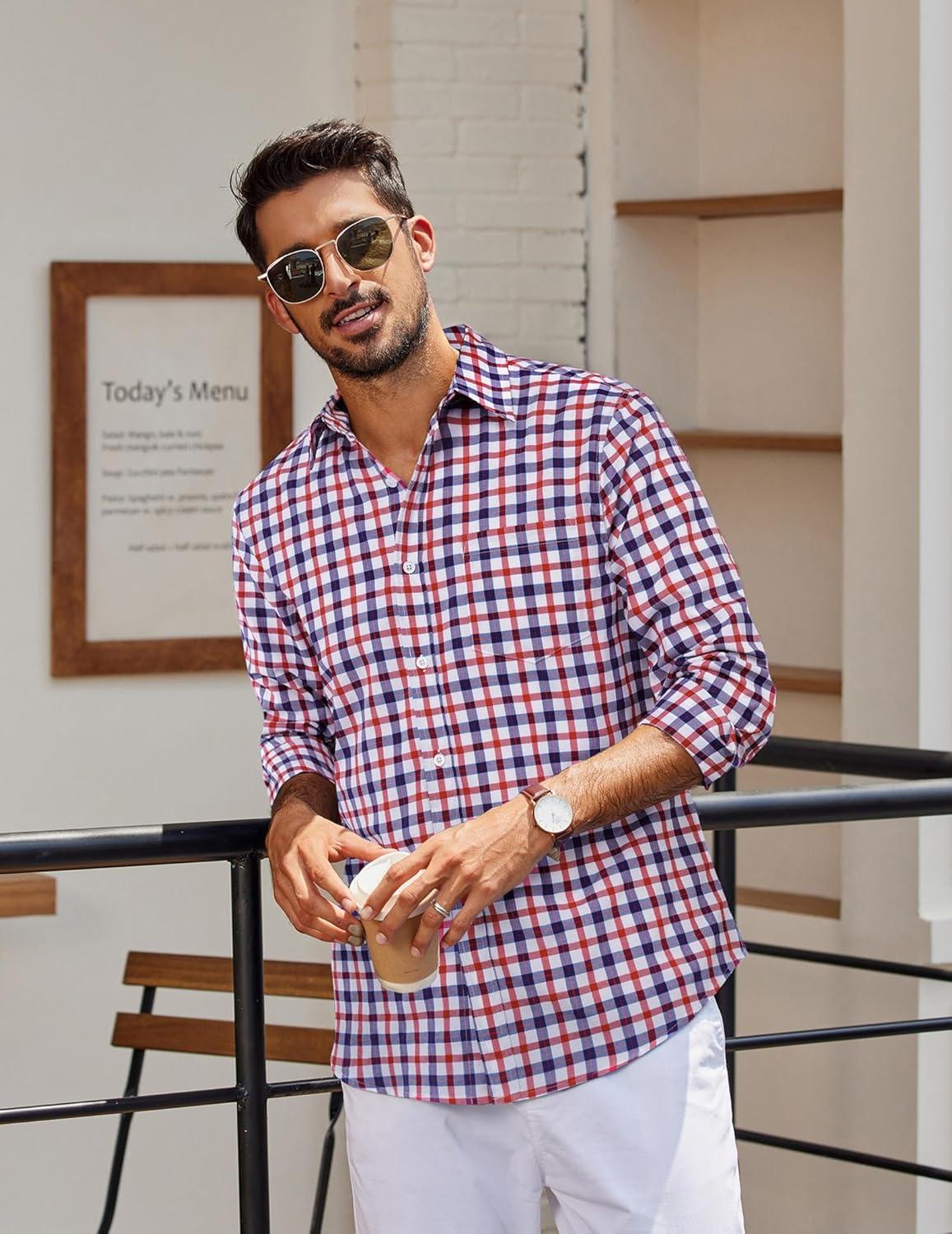 imageCOOFANDY Mens Plaid Button Down Shirt Cotton Long Sleeves Dress Shirt Wrinkle Free Casual Gingham ShirtBlue Red Gingham