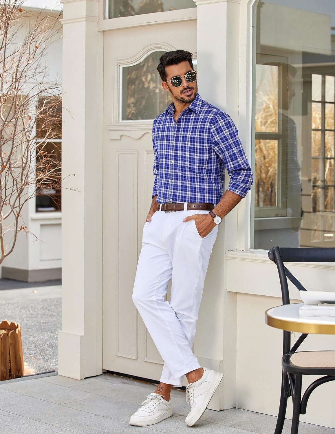 imageCOOFANDY Mens Plaid Button Down Shirt Cotton Long Sleeves Dress Shirt Wrinkle Free Casual Gingham ShirtBlue White Plaid