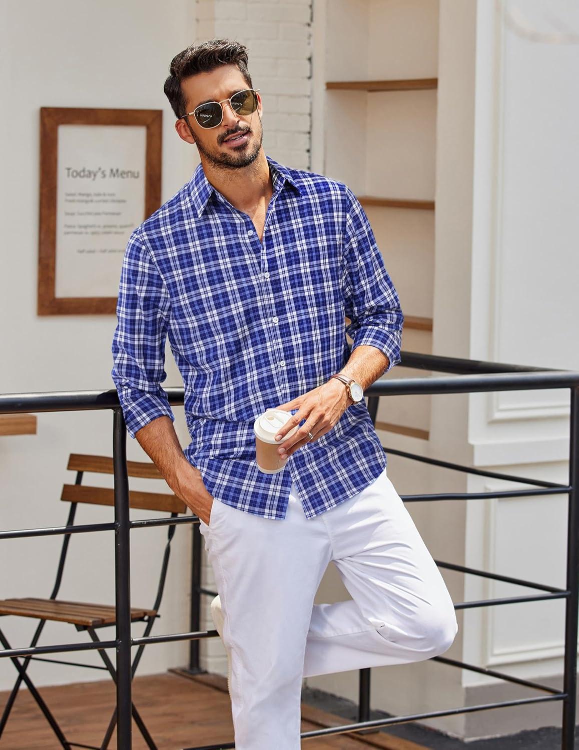 imageCOOFANDY Mens Plaid Button Down Shirt Cotton Long Sleeves Dress Shirt Wrinkle Free Casual Gingham ShirtBlue White Plaid