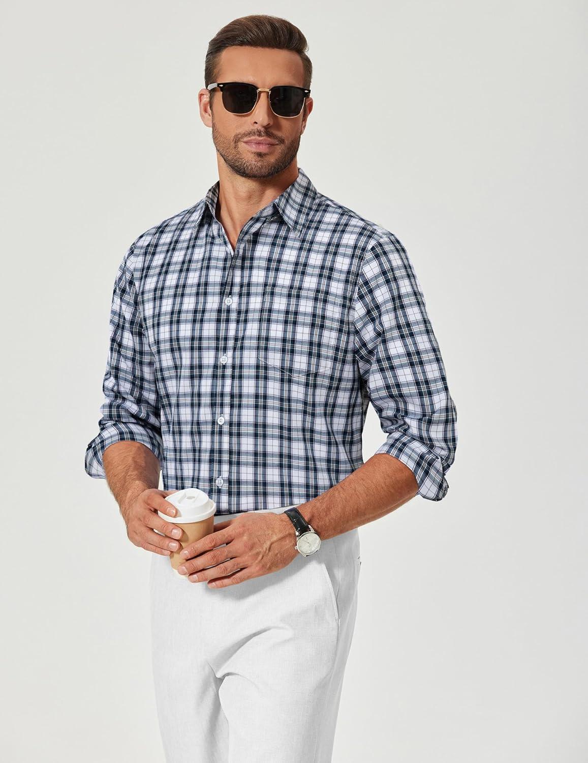 imageCOOFANDY Mens Plaid Button Down Shirt Cotton Long Sleeves Dress Shirt Wrinkle Free Casual Gingham ShirtDark Green Plaid