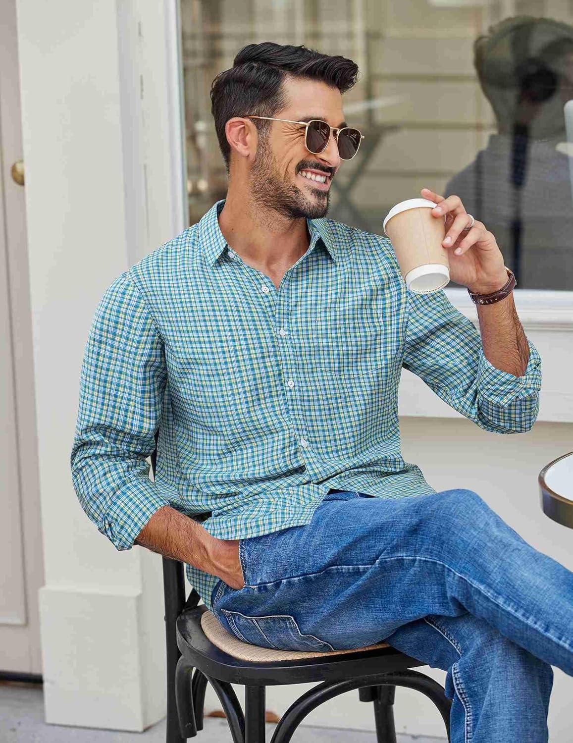 imageCOOFANDY Mens Plaid Button Down Shirt Cotton Long Sleeves Dress Shirt Wrinkle Free Casual Gingham ShirtGreen Yellow Plaid