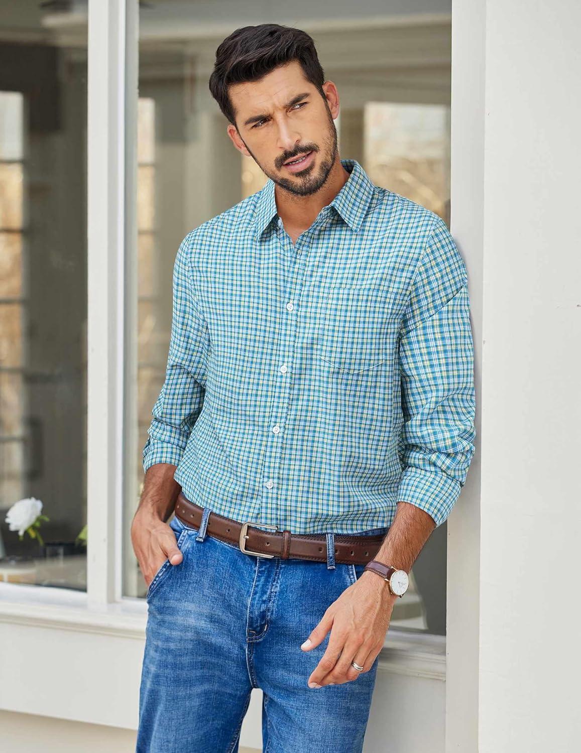 imageCOOFANDY Mens Plaid Button Down Shirt Cotton Long Sleeves Dress Shirt Wrinkle Free Casual Gingham ShirtGreen Yellow Plaid