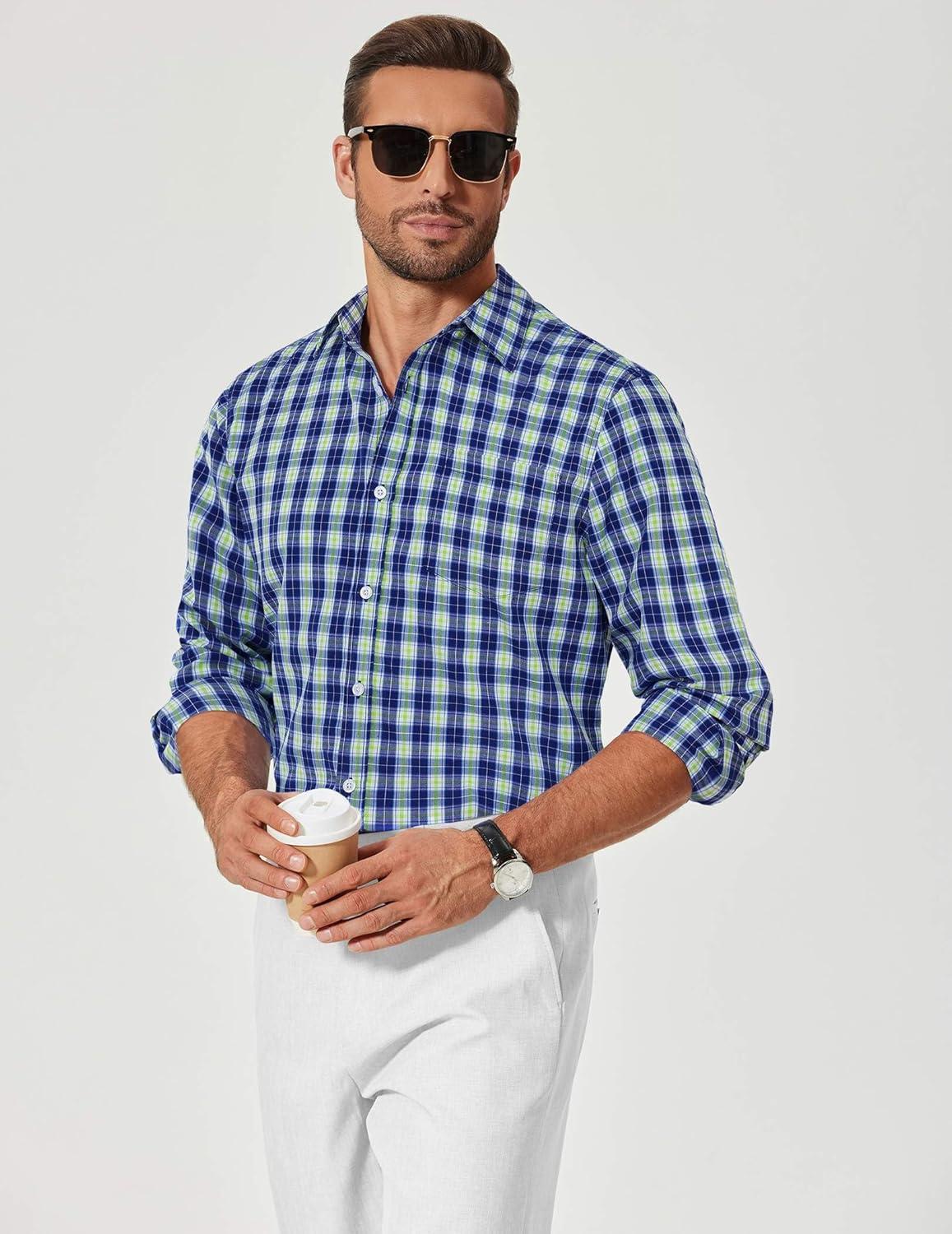 imageCOOFANDY Mens Plaid Button Down Shirt Cotton Long Sleeves Dress Shirt Wrinkle Free Casual Gingham ShirtNavy Blue Green Plaid