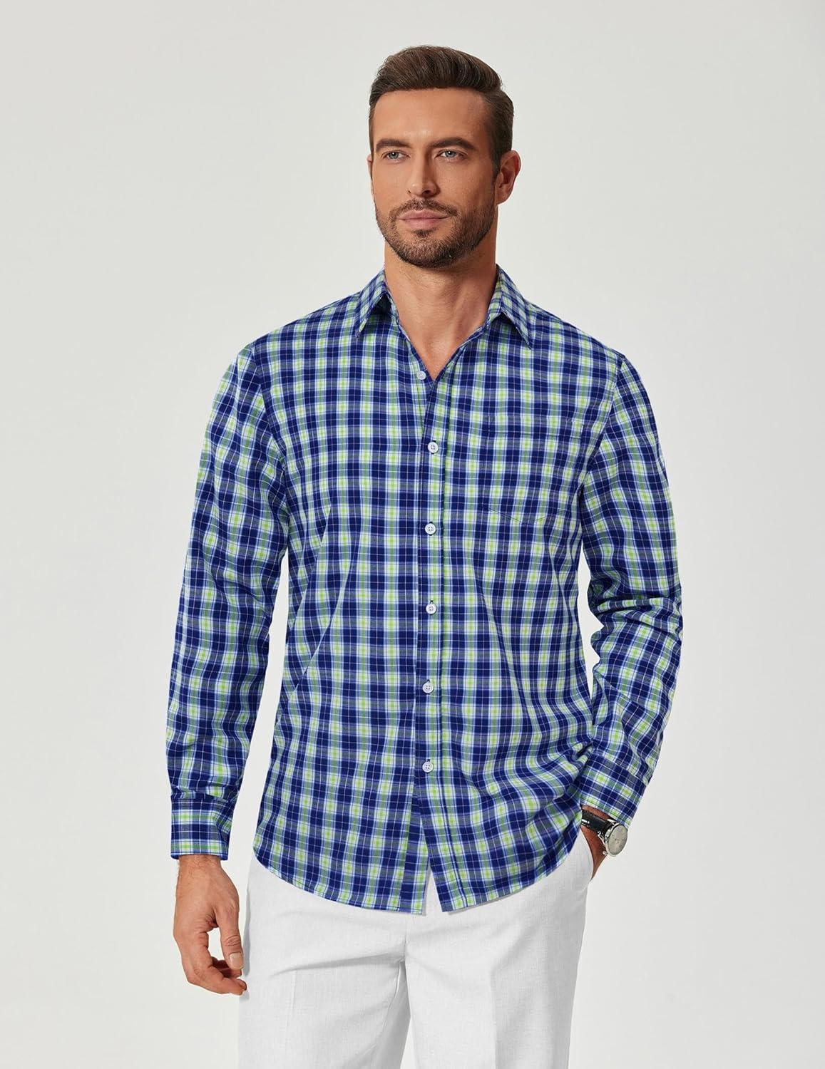 imageCOOFANDY Mens Plaid Button Down Shirt Cotton Long Sleeves Dress Shirt Wrinkle Free Casual Gingham ShirtNavy Blue Green Plaid