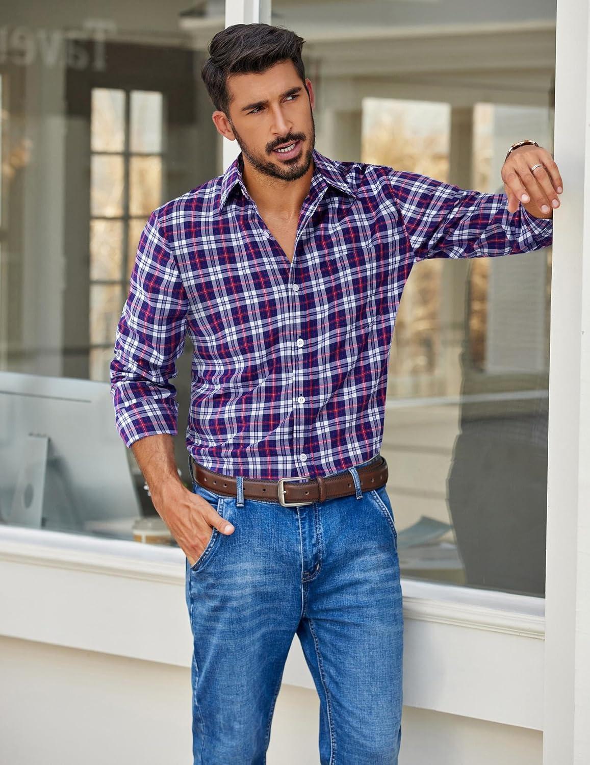 imageCOOFANDY Mens Plaid Button Down Shirt Cotton Long Sleeves Dress Shirt Wrinkle Free Casual Gingham ShirtNavy Blue Red Plaid