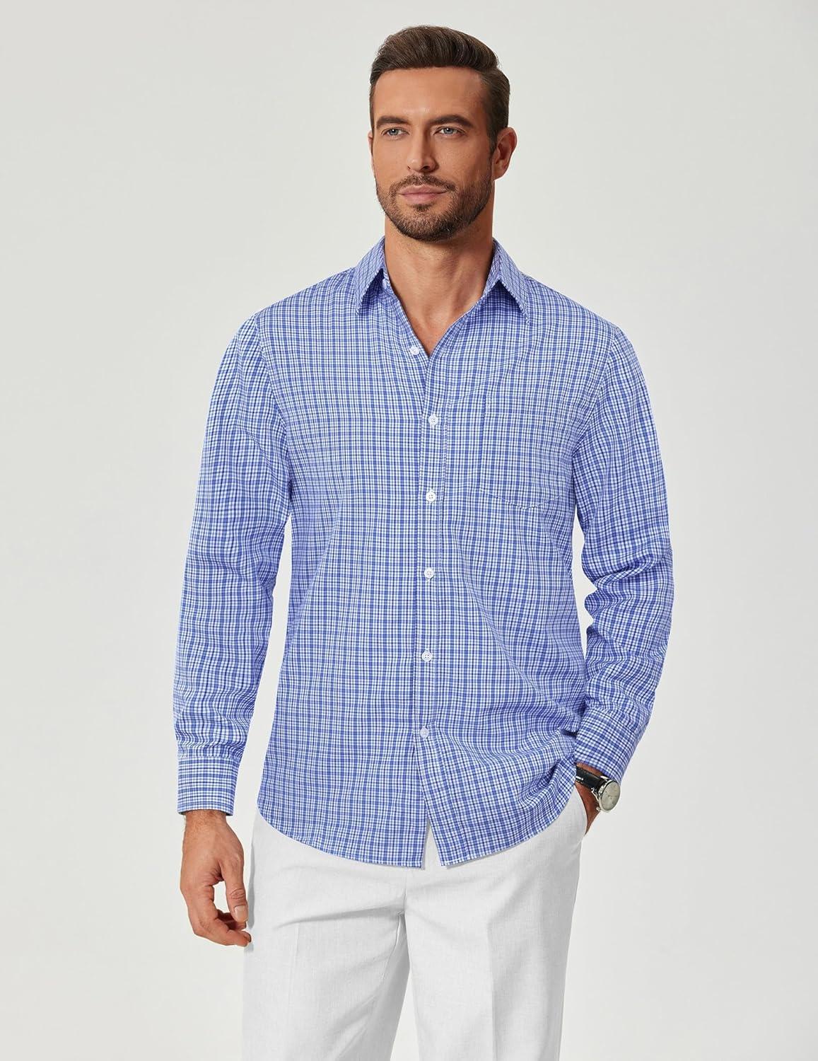 imageCOOFANDY Mens Plaid Button Down Shirt Cotton Long Sleeves Dress Shirt Wrinkle Free Casual Gingham ShirtSky Blue Gingham