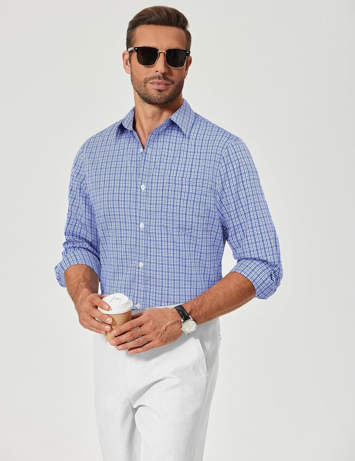 imageCOOFANDY Mens Plaid Button Down Shirt Cotton Long Sleeves Dress Shirt Wrinkle Free Casual Gingham ShirtSky Blue Gingham