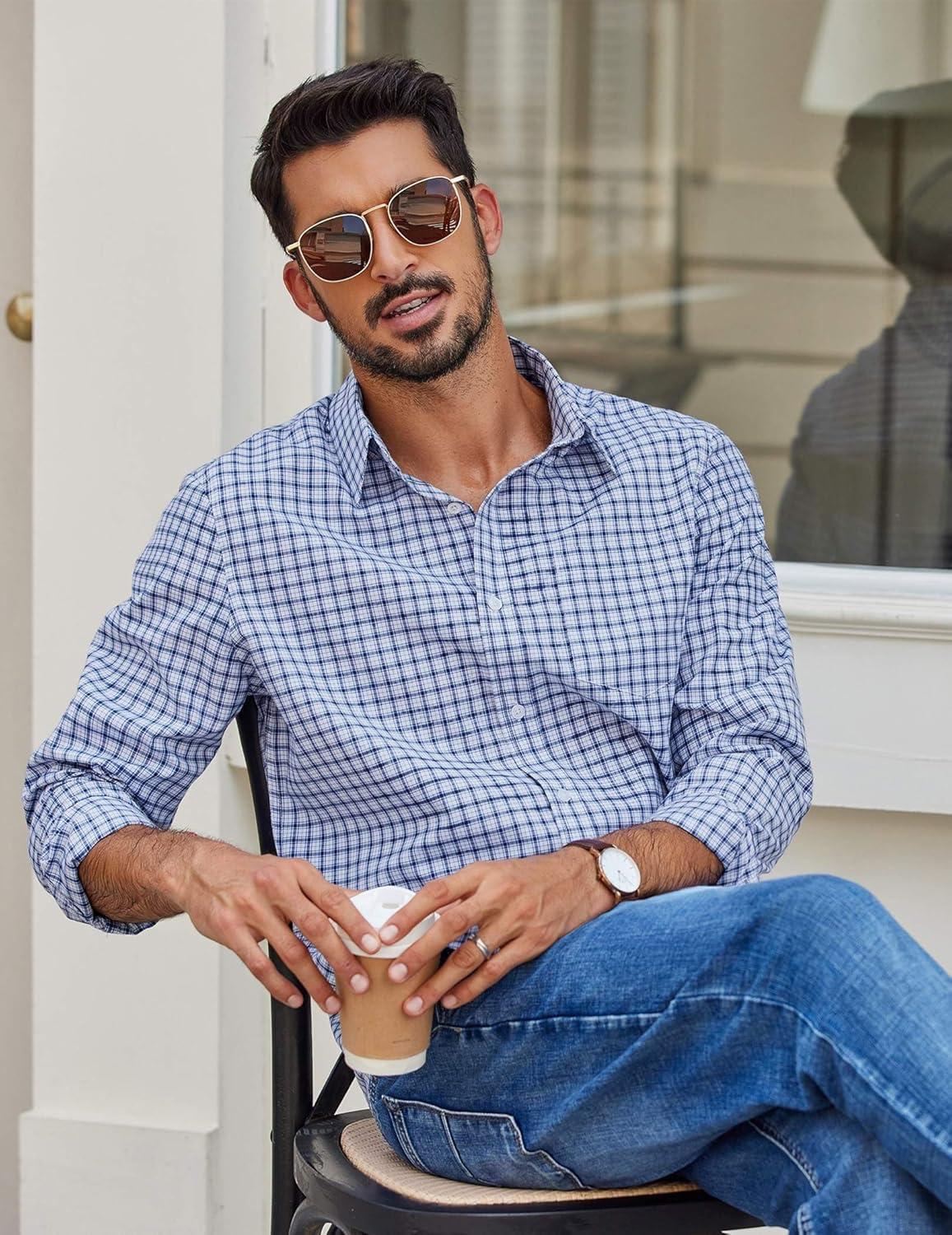 imageCOOFANDY Mens Plaid Button Down Shirt Cotton Long Sleeves Dress Shirt Wrinkle Free Casual Gingham ShirtWhite Blue Plaid