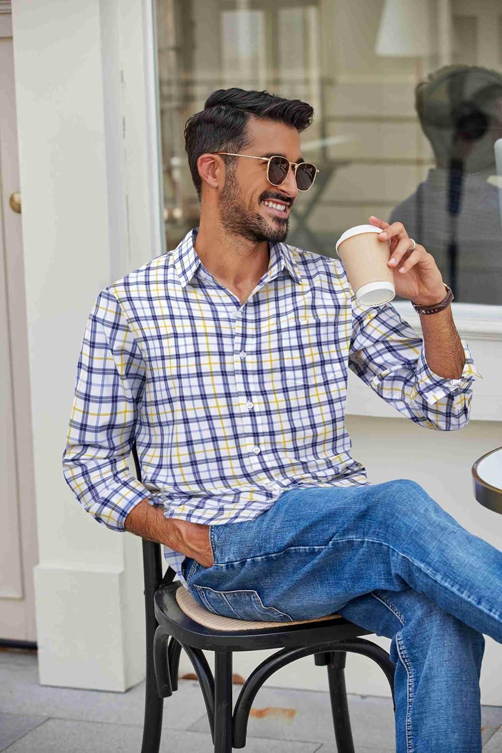 imageCOOFANDY Mens Plaid Button Down Shirt Cotton Long Sleeves Dress Shirt Wrinkle Free Casual Gingham ShirtWhite Yellow Plaid