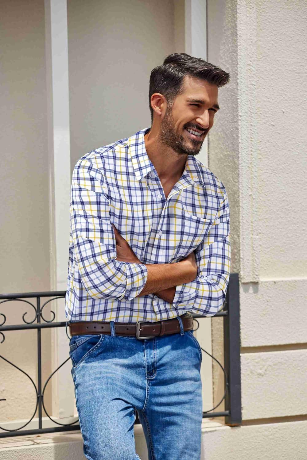 imageCOOFANDY Mens Plaid Button Down Shirt Cotton Long Sleeves Dress Shirt Wrinkle Free Casual Gingham ShirtWhite Yellow Plaid