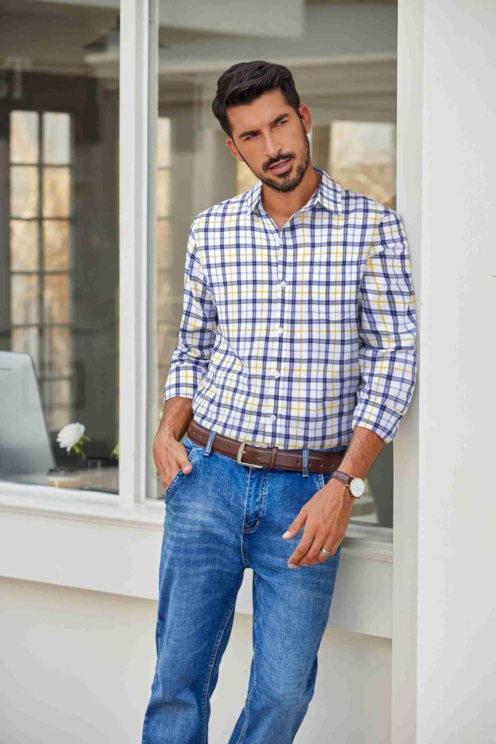 imageCOOFANDY Mens Plaid Button Down Shirt Cotton Long Sleeves Dress Shirt Wrinkle Free Casual Gingham ShirtWhite Yellow Plaid