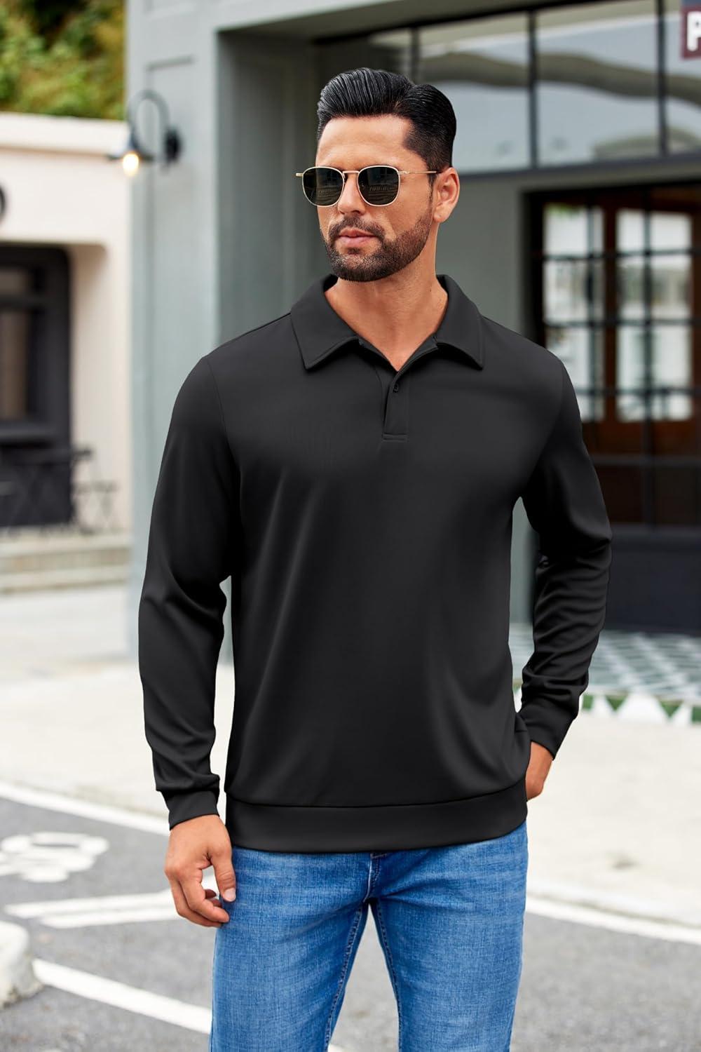 imageCOOFANDY Mens Polo Shirts 2025 Long Sleeve Casual Golf Shirts Light Weight Moisture Wicking Pullover ShirtsBlack