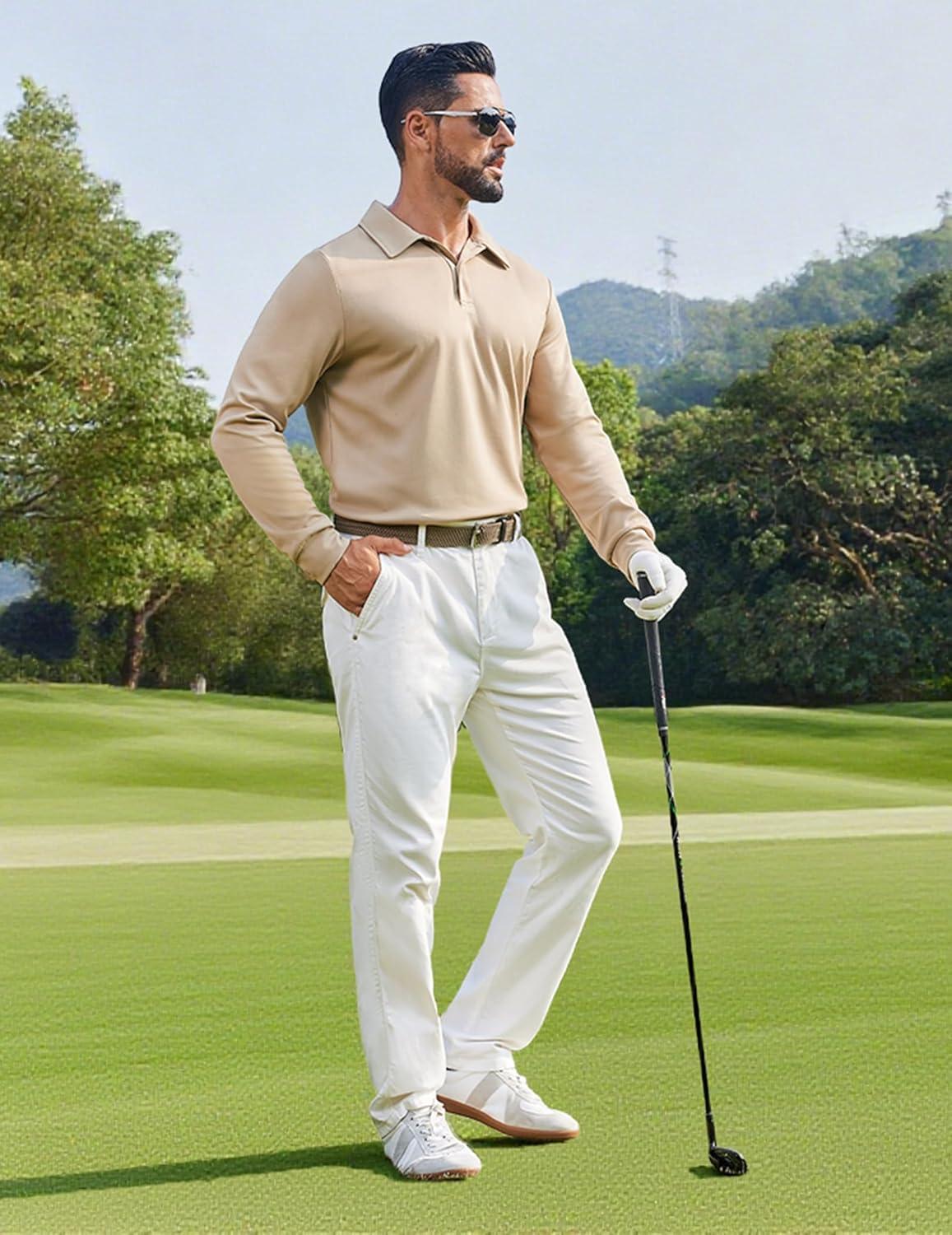 imageCOOFANDY Mens Polo Shirts 2025 Long Sleeve Casual Golf Shirts Light Weight Moisture Wicking Pullover ShirtsKhaki