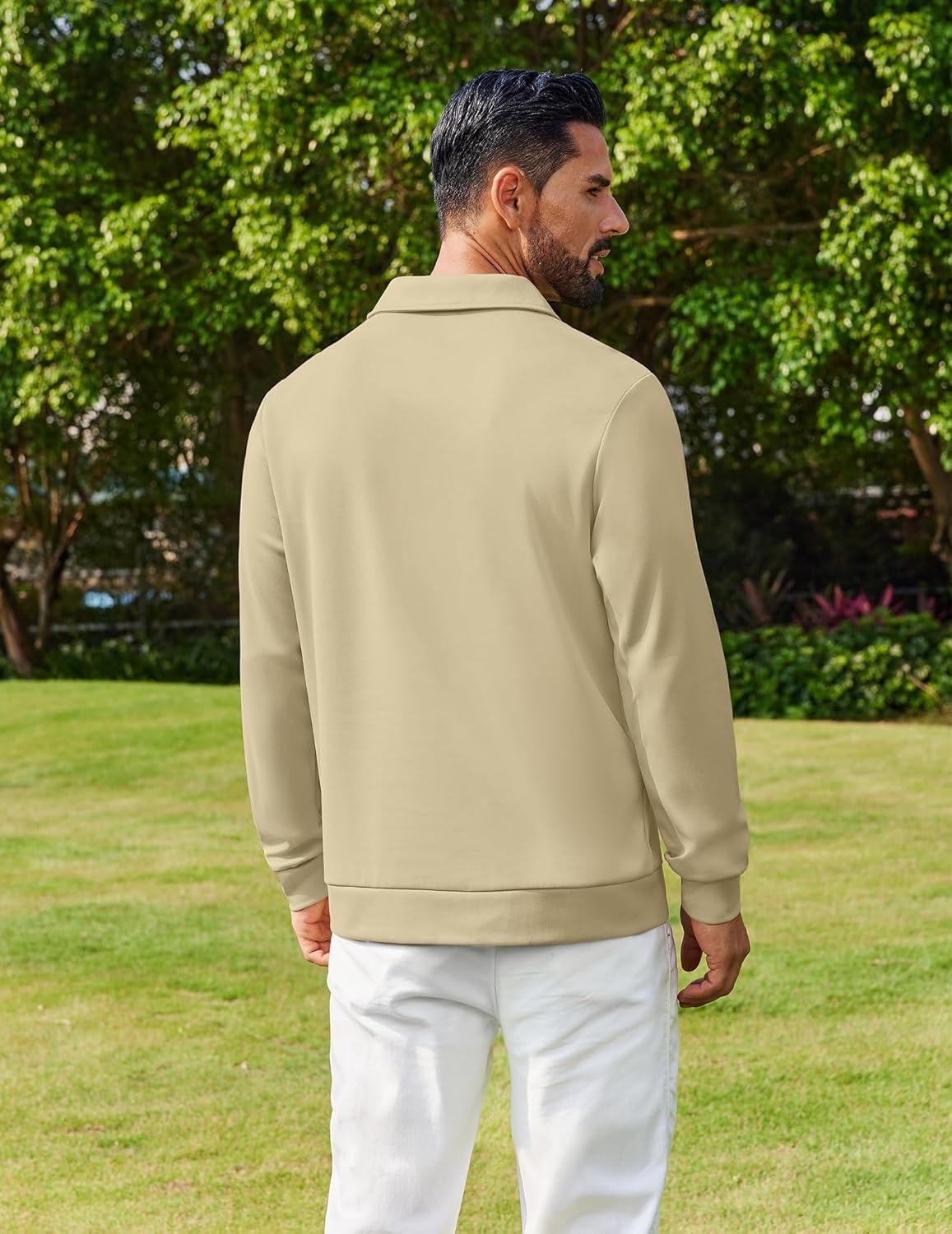 imageCOOFANDY Mens Polo Shirts 2025 Long Sleeve Casual Golf Shirts Light Weight Moisture Wicking Pullover ShirtsKhaki