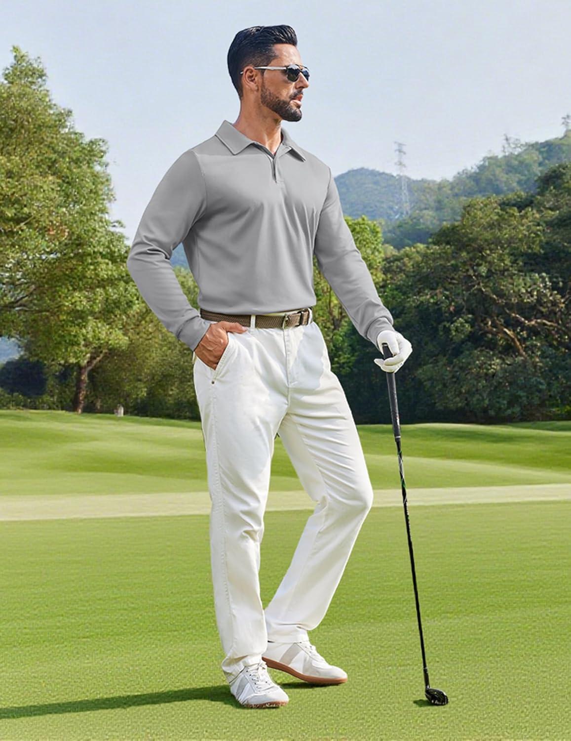 imageCOOFANDY Mens Polo Shirts 2025 Long Sleeve Casual Golf Shirts Light Weight Moisture Wicking Pullover ShirtsLight Grey