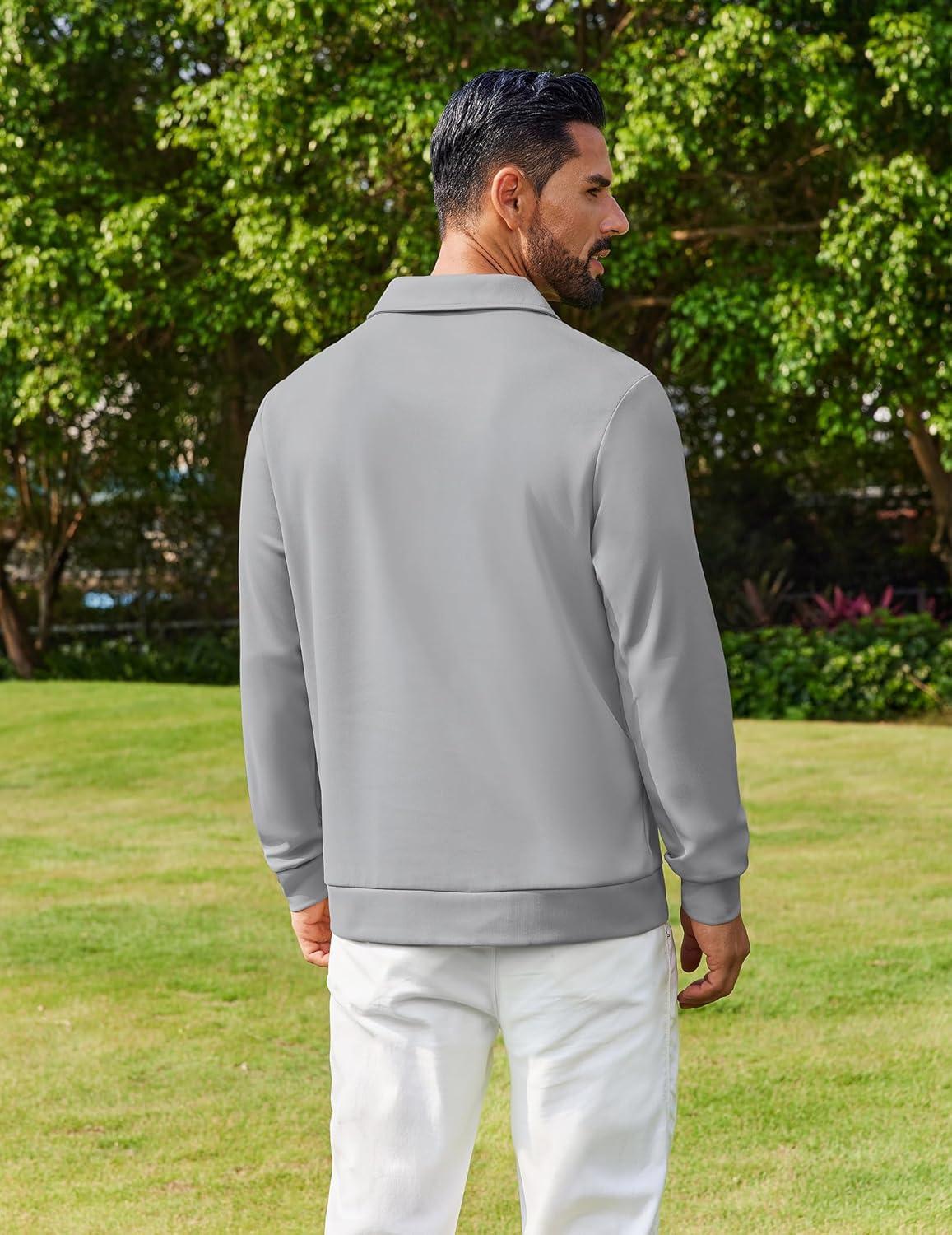 imageCOOFANDY Mens Polo Shirts 2025 Long Sleeve Casual Golf Shirts Light Weight Moisture Wicking Pullover ShirtsLight Grey