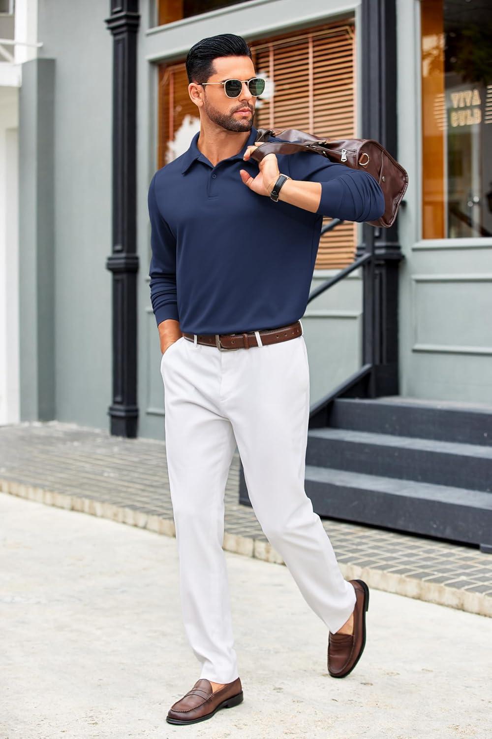 imageCOOFANDY Mens Polo Shirts 2025 Long Sleeve Casual Golf Shirts Light Weight Moisture Wicking Pullover ShirtsNavy Blue