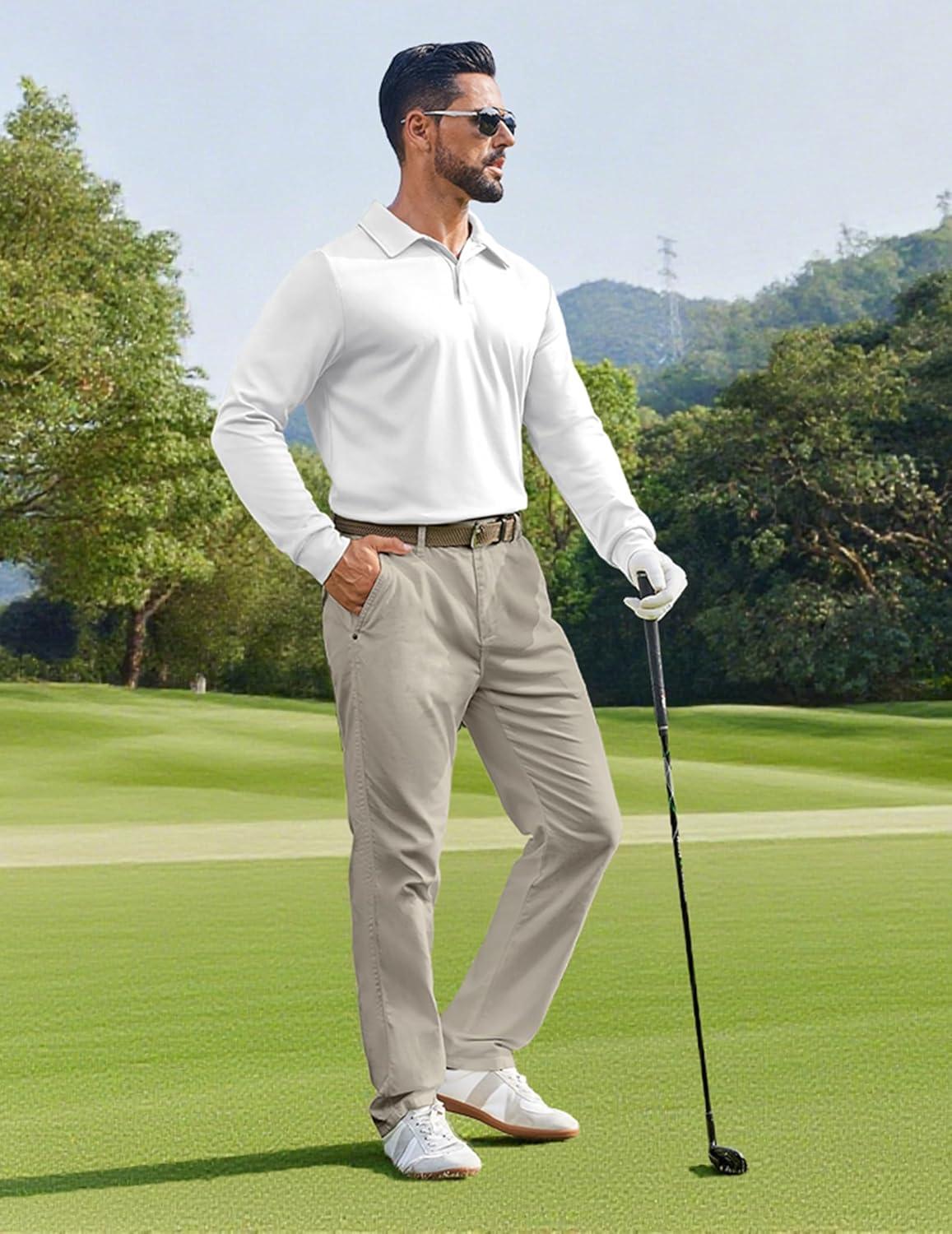 imageCOOFANDY Mens Polo Shirts 2025 Long Sleeve Casual Golf Shirts Light Weight Moisture Wicking Pullover ShirtsWhite