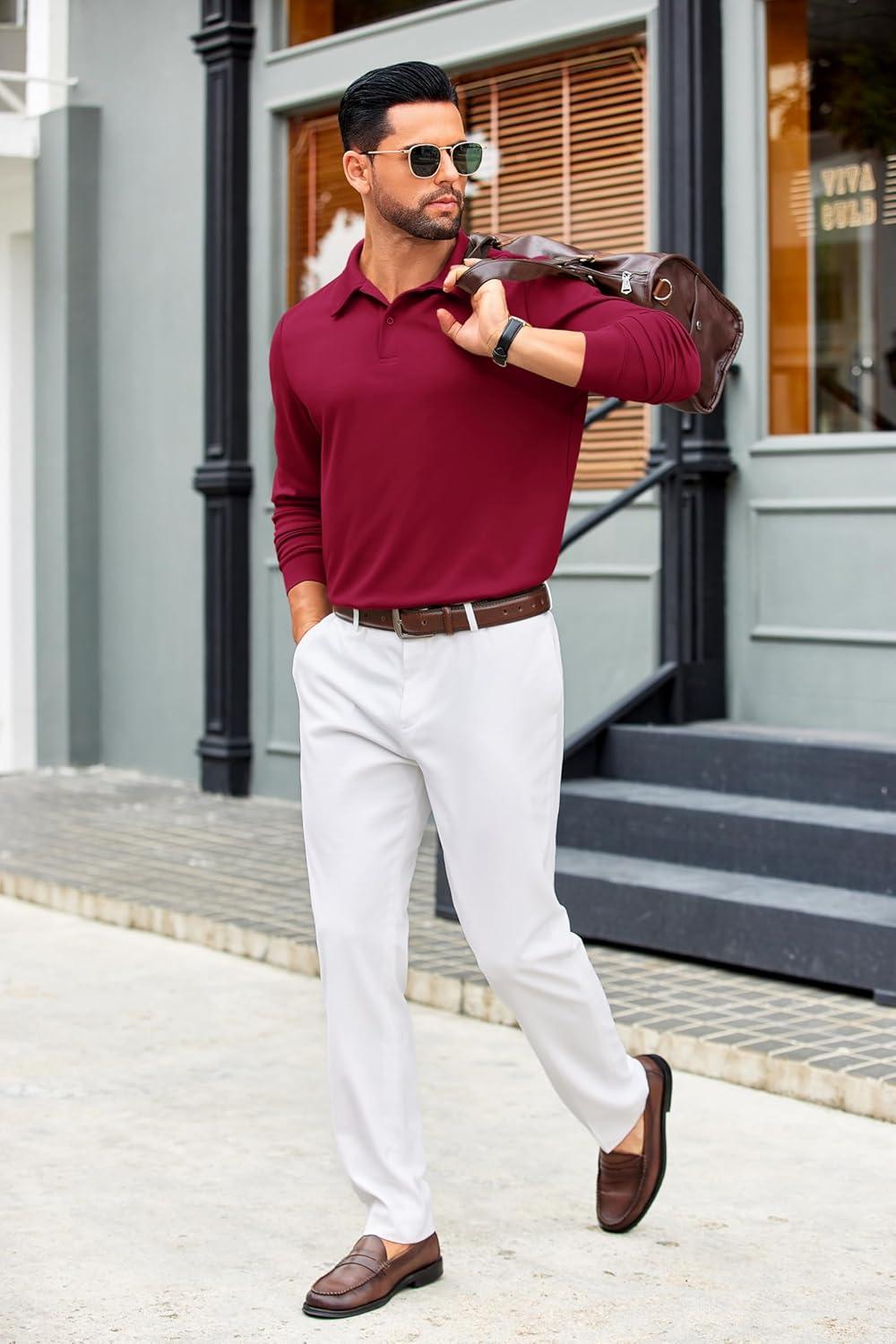 imageCOOFANDY Mens Polo Shirts 2025 Long Sleeve Casual Golf Shirts Light Weight Moisture Wicking Pullover ShirtsWine Red