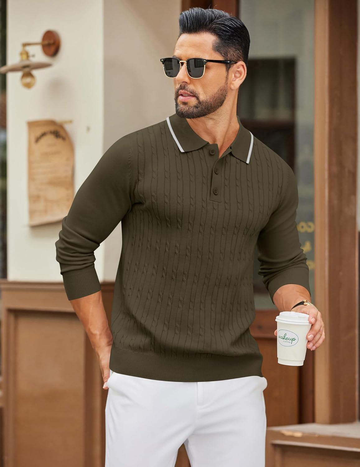 imageCOOFANDY Mens Polo Sweater Casual Long Sleeve Knit Polos Button Down Collared Golf Pullover SweatersArmy Green
