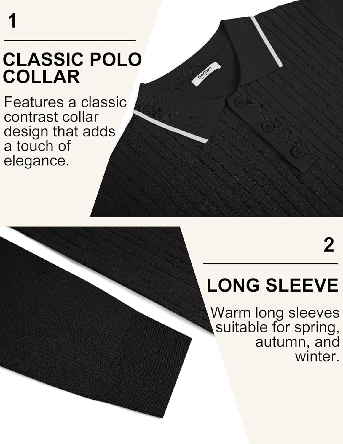 imageCOOFANDY Mens Polo Sweater Casual Long Sleeve Knit Polos Button Down Collared Golf Pullover SweatersBlack