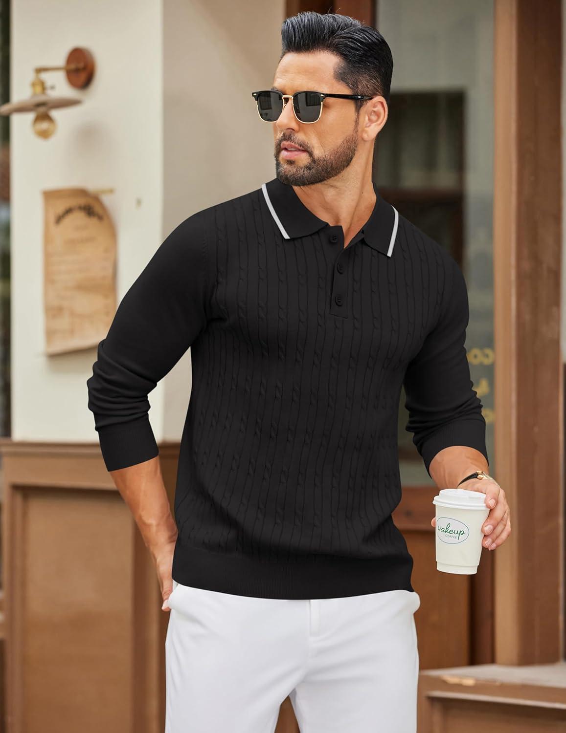 imageCOOFANDY Mens Polo Sweater Casual Long Sleeve Knit Polos Button Down Collared Golf Pullover SweatersBlack