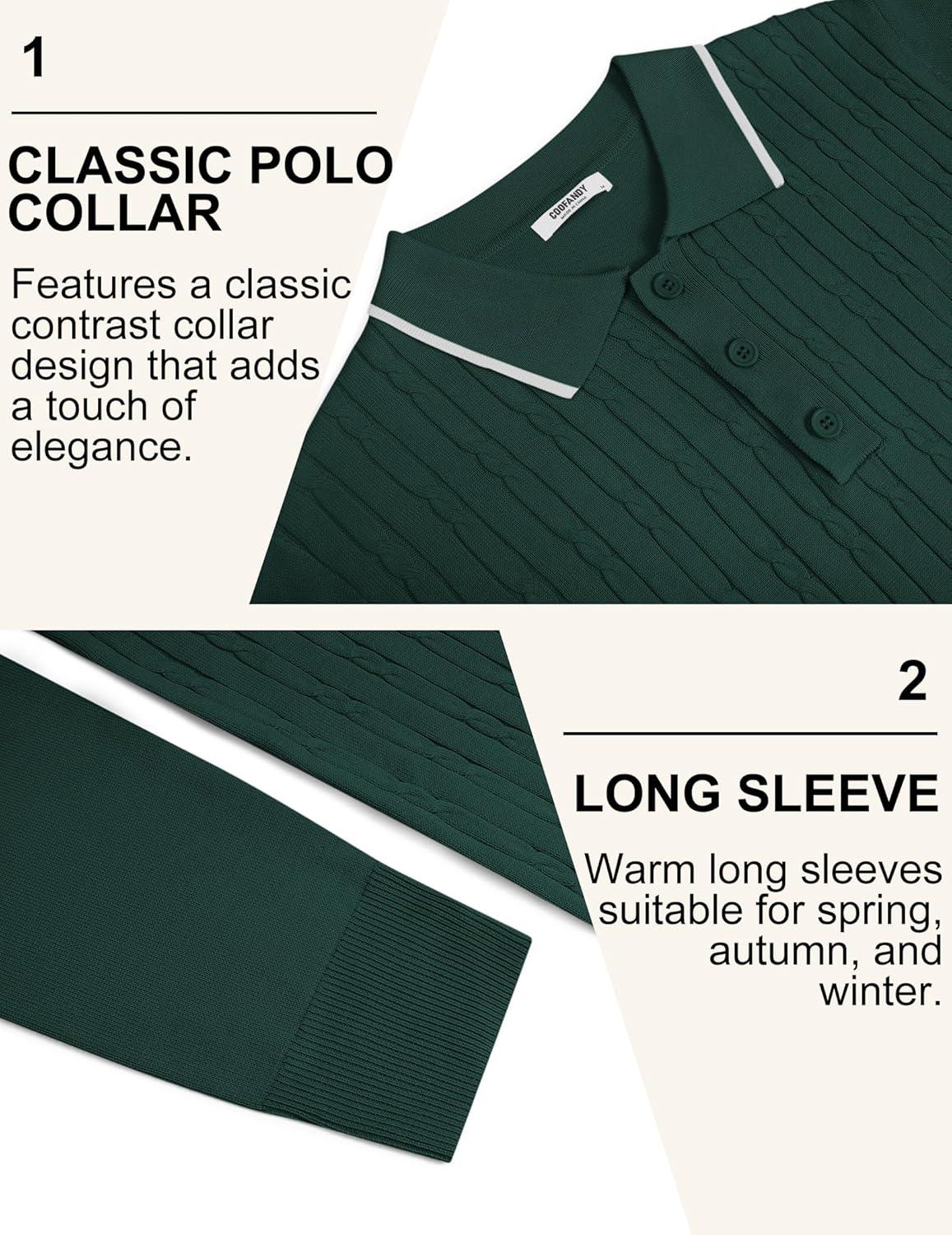 imageCOOFANDY Mens Polo Sweater Casual Long Sleeve Knit Polos Button Down Collared Golf Pullover SweatersDark Green