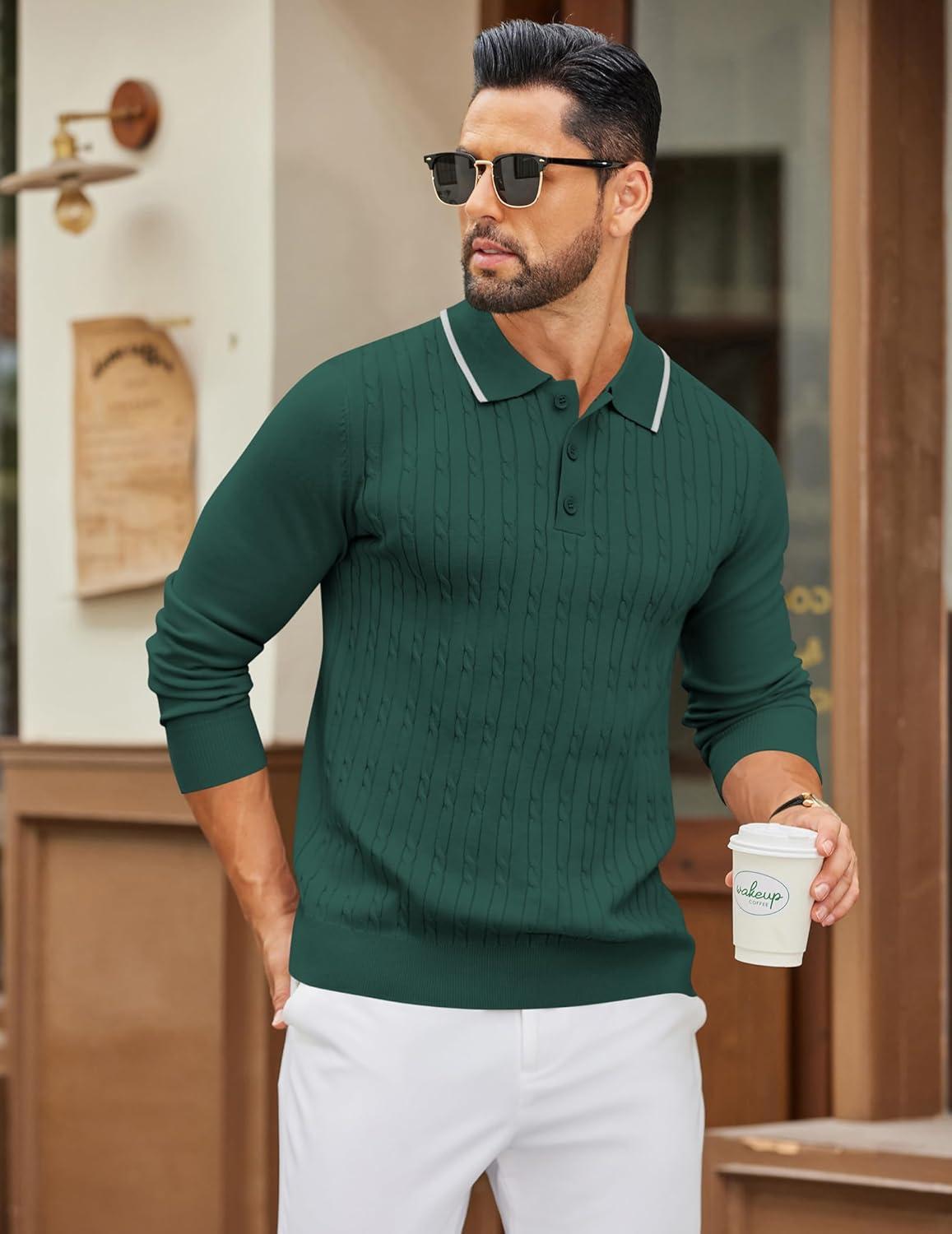 imageCOOFANDY Mens Polo Sweater Casual Long Sleeve Knit Polos Button Down Collared Golf Pullover SweatersDark Green