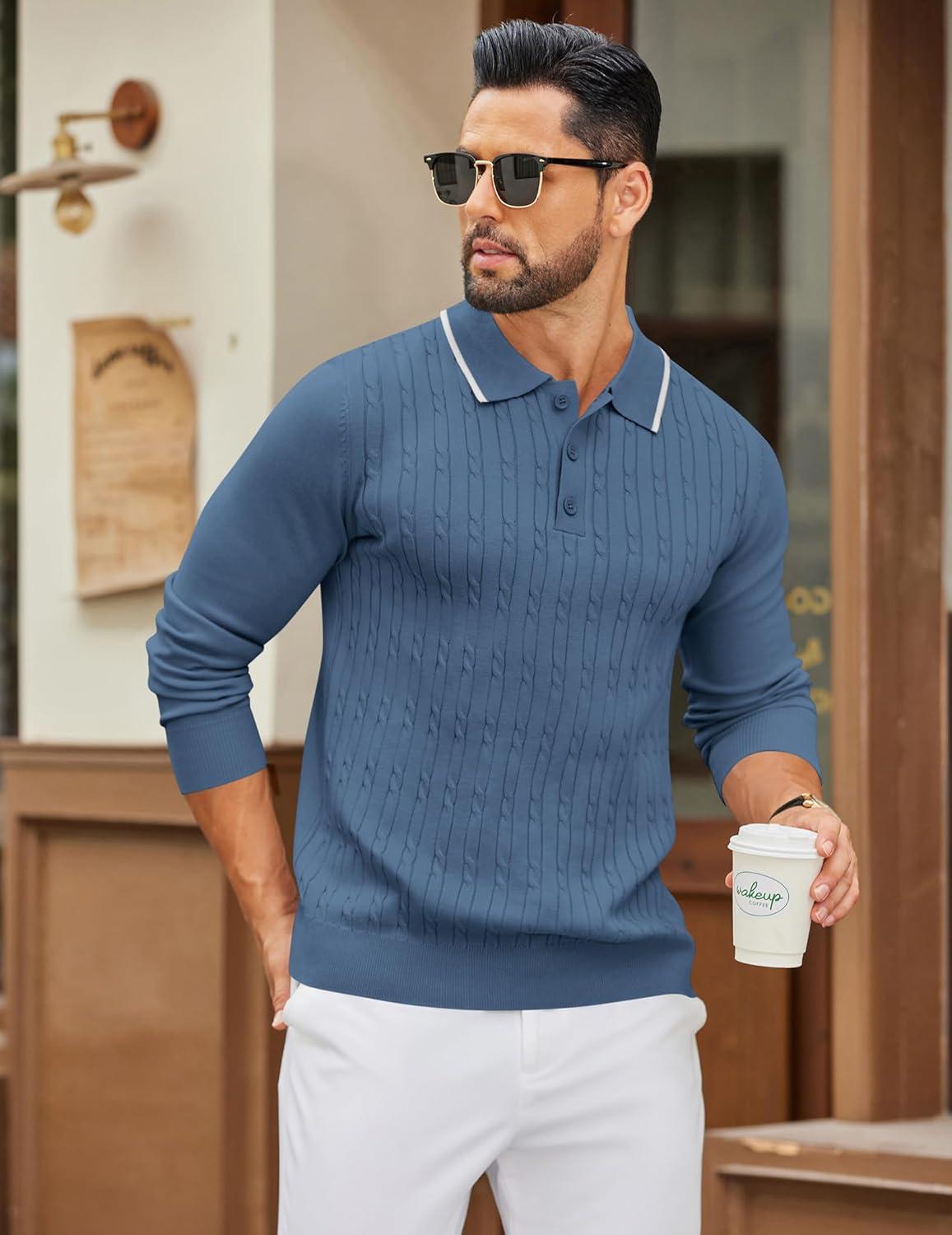 imageCOOFANDY Mens Polo Sweater Casual Long Sleeve Knit Polos Button Down Collared Golf Pullover SweatersDenim Blue