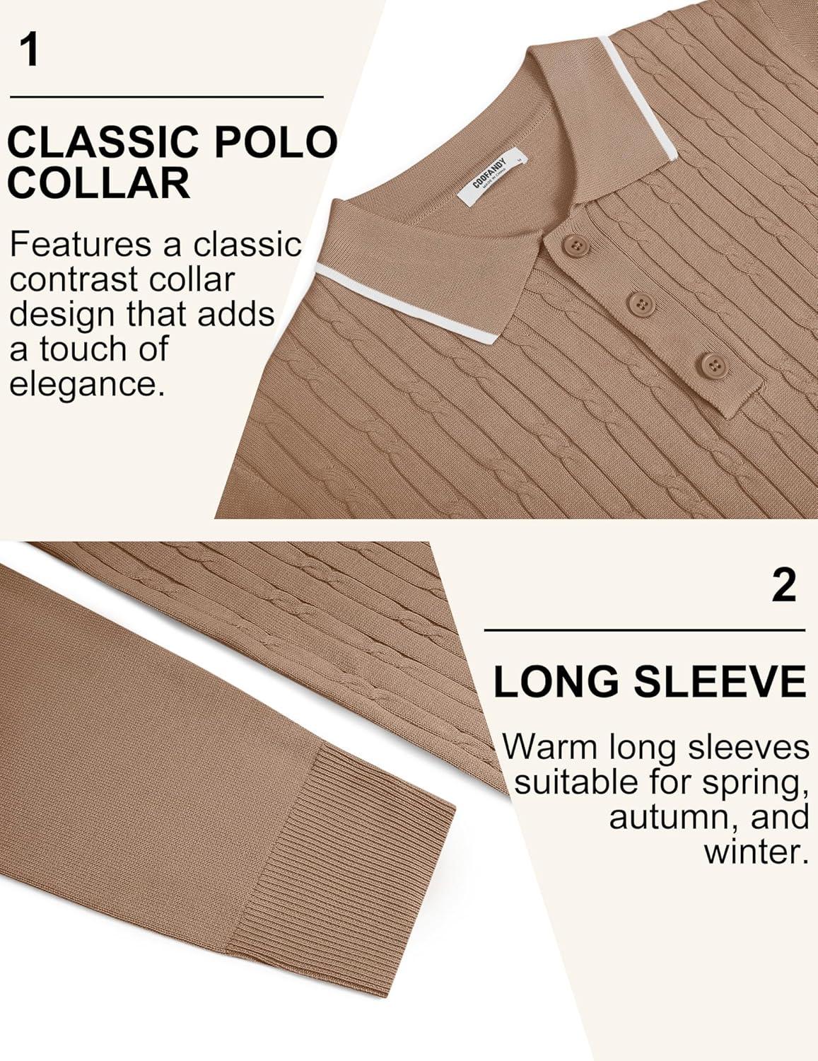 imageCOOFANDY Mens Polo Sweater Casual Long Sleeve Knit Polos Button Down Collared Golf Pullover SweatersKhaki