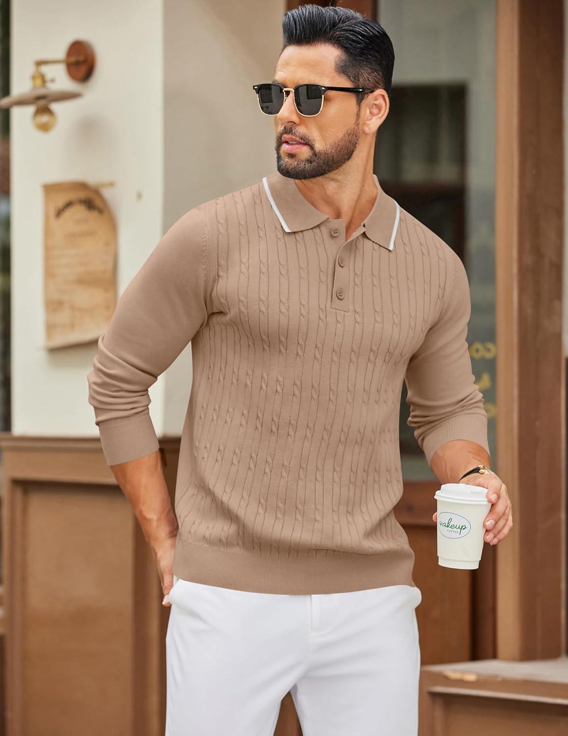 imageCOOFANDY Mens Polo Sweater Casual Long Sleeve Knit Polos Button Down Collared Golf Pullover SweatersKhaki