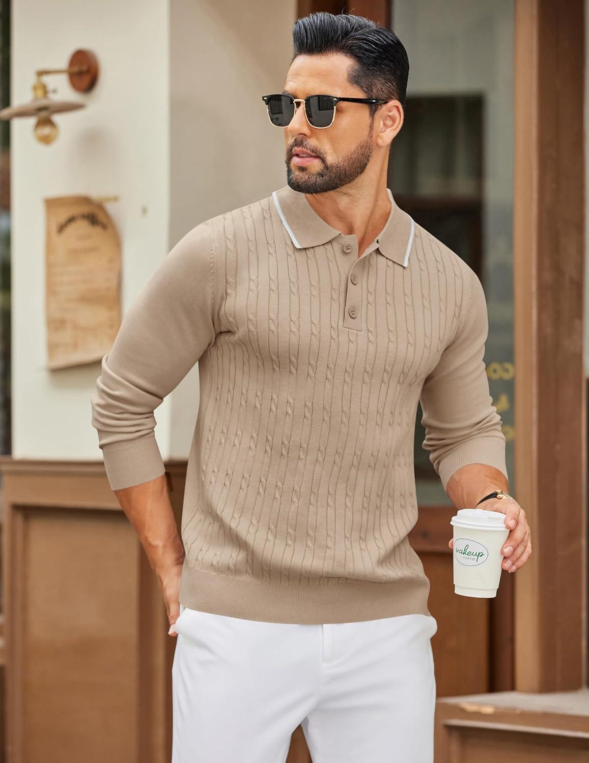 imageCOOFANDY Mens Polo Sweater Casual Long Sleeve Knit Polos Button Down Collared Golf Pullover SweatersLight Khaki