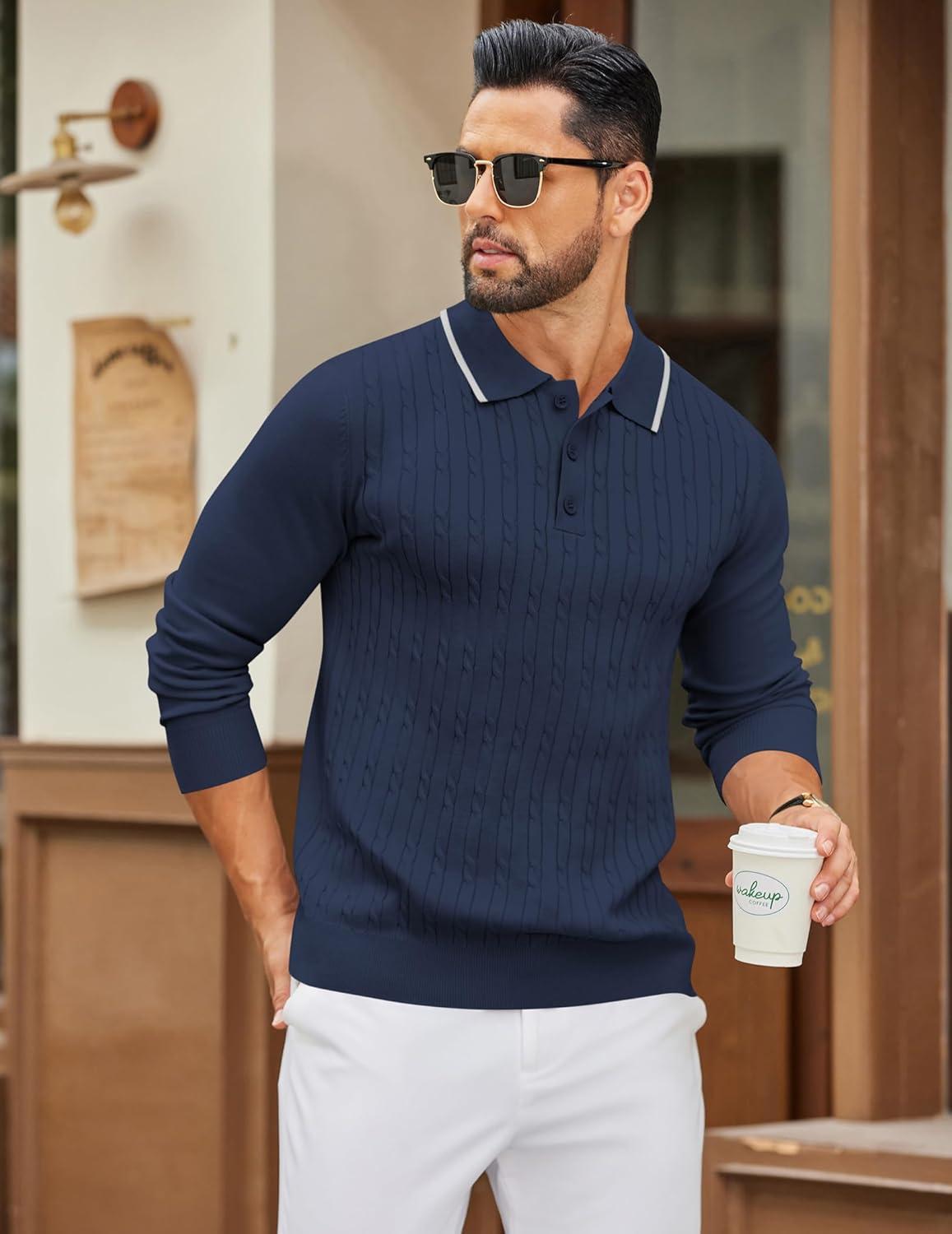 imageCOOFANDY Mens Polo Sweater Casual Long Sleeve Knit Polos Button Down Collared Golf Pullover SweatersNavy Blue