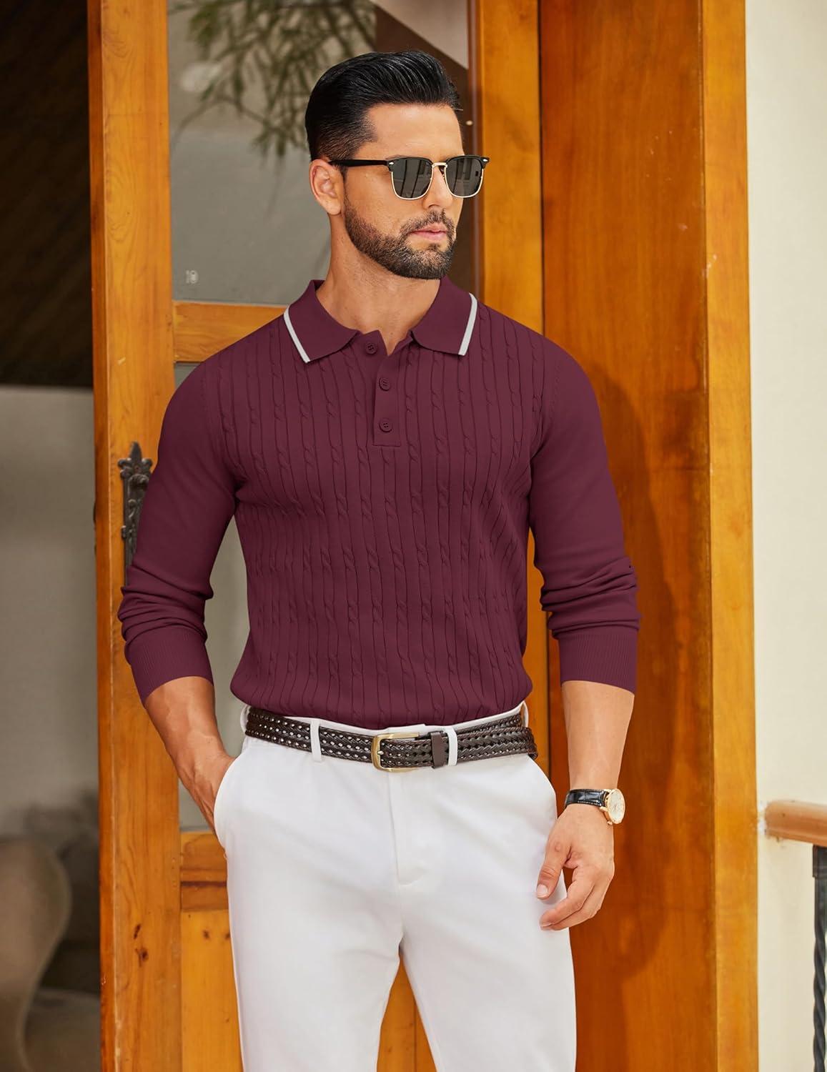 imageCOOFANDY Mens Polo Sweater Casual Long Sleeve Knit Polos Button Down Collared Golf Pullover SweatersWine Red