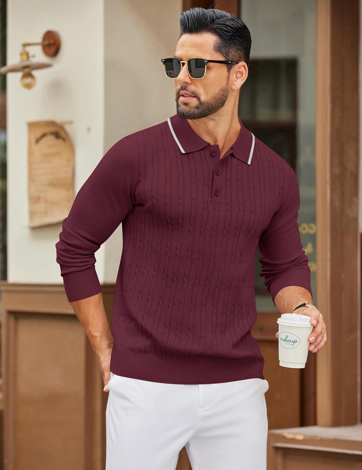imageCOOFANDY Mens Polo Sweater Casual Long Sleeve Knit Polos Button Down Collared Golf Pullover SweatersWine Red