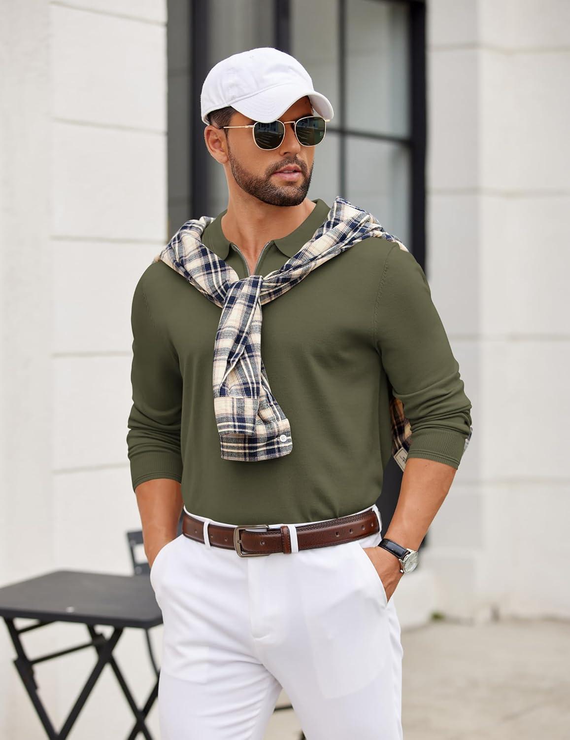 imageCOOFANDY Mens Quarter Zip Polo Sweater Long Sleeve Knit Polo Casual Lightweight Dress PulloverArmy Green