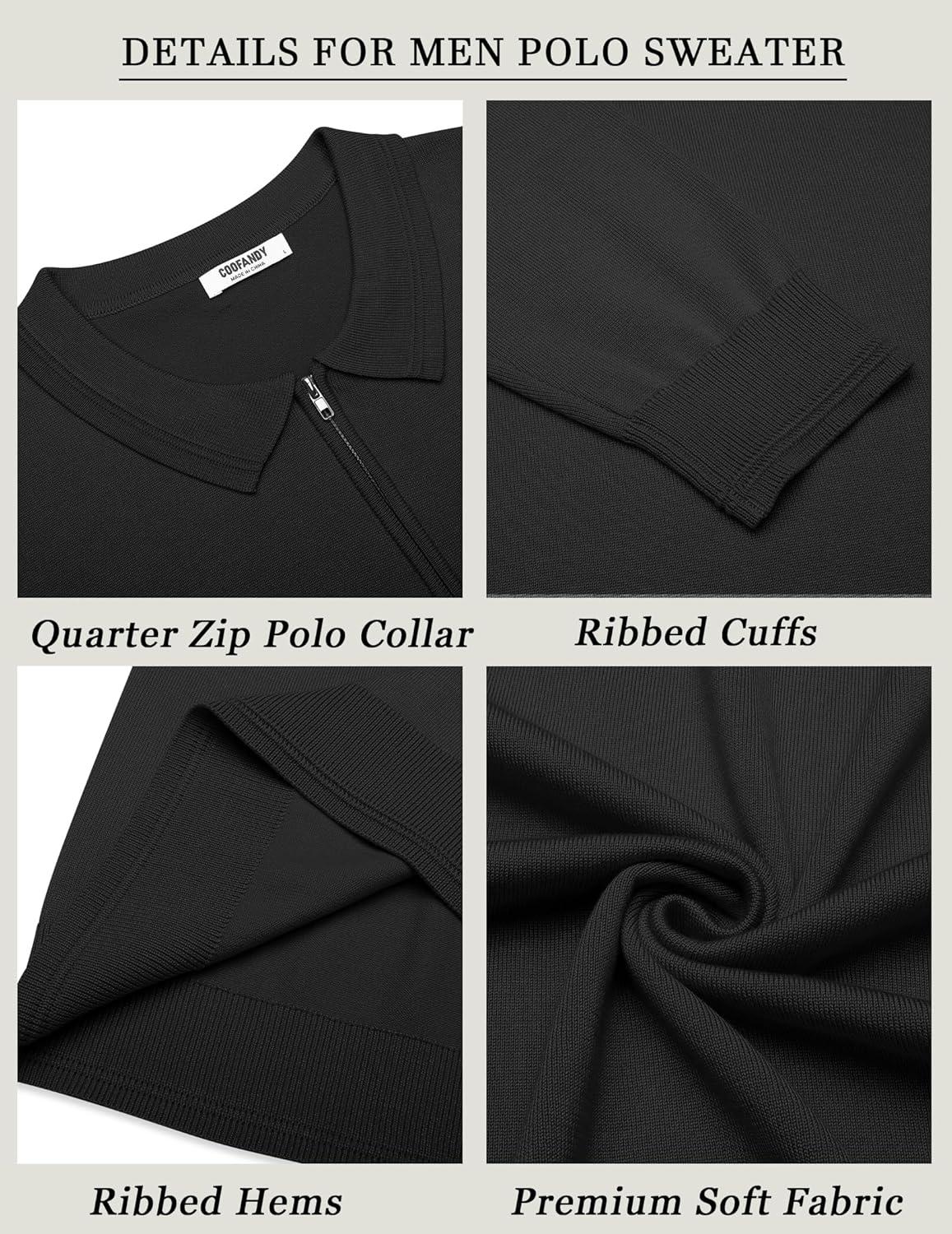 imageCOOFANDY Mens Quarter Zip Polo Sweater Long Sleeve Knit Polo Casual Lightweight Dress PulloverBlack