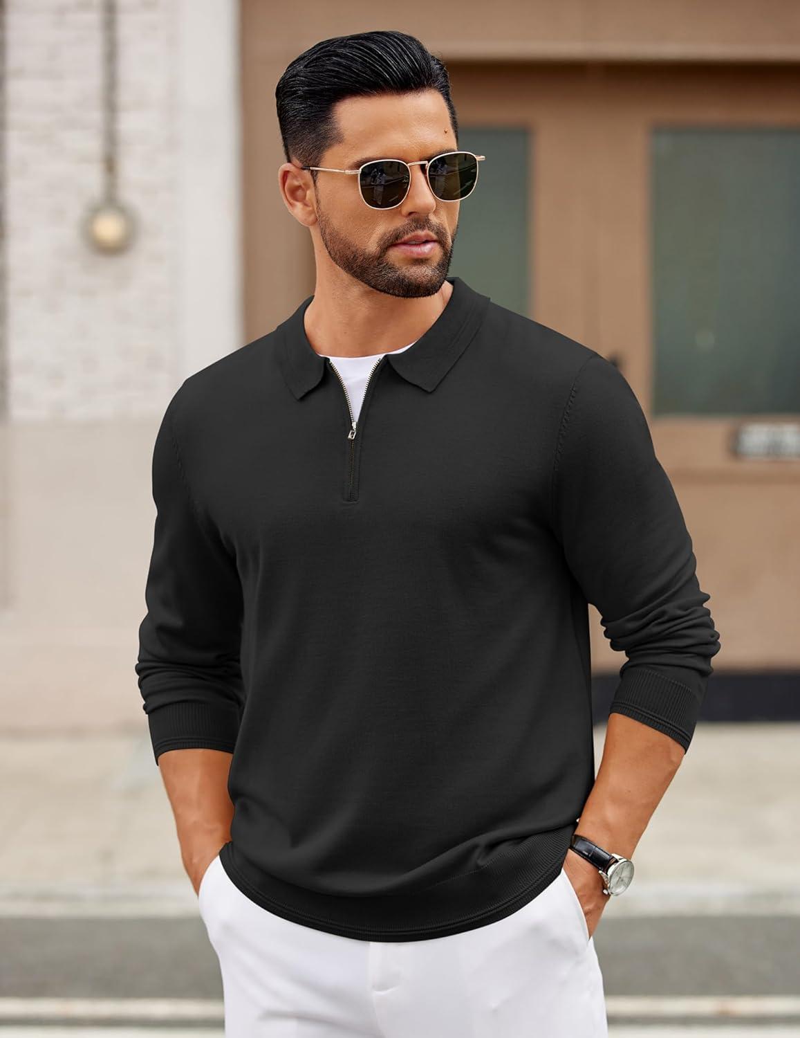 imageCOOFANDY Mens Quarter Zip Polo Sweater Long Sleeve Knit Polo Casual Lightweight Dress PulloverBlack