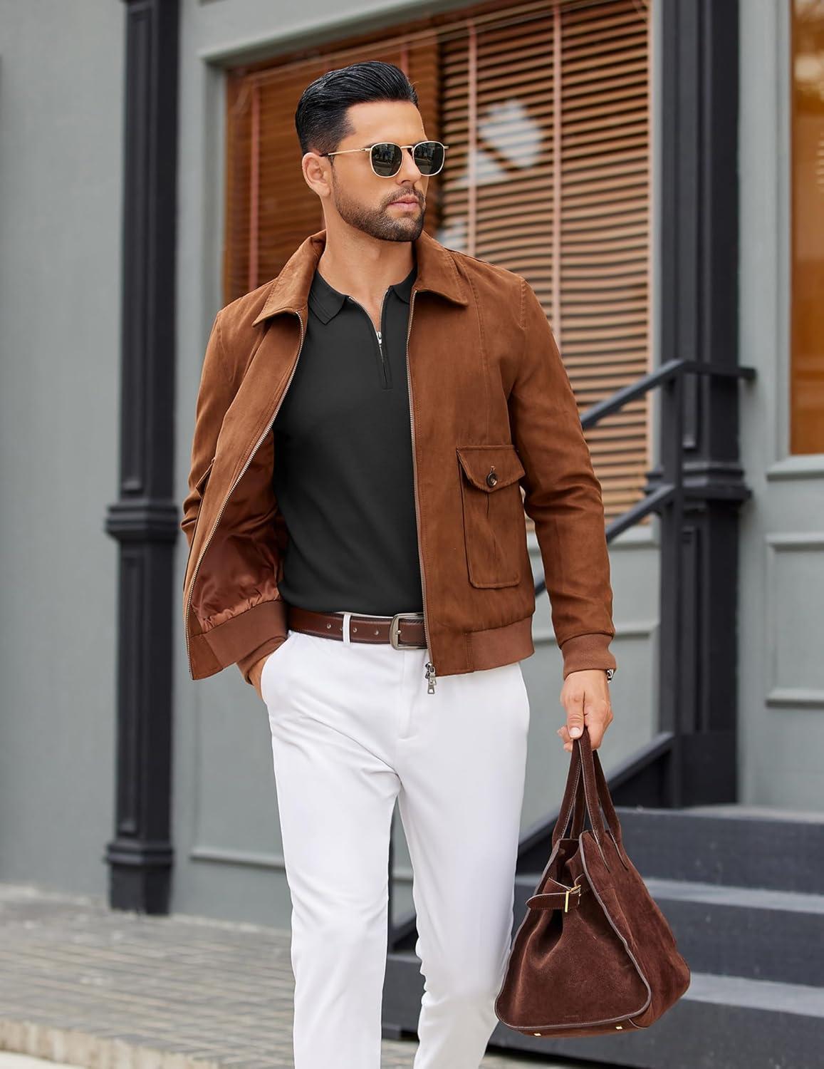 imageCOOFANDY Mens Quarter Zip Polo Sweater Long Sleeve Knit Polo Casual Lightweight Dress PulloverBlack