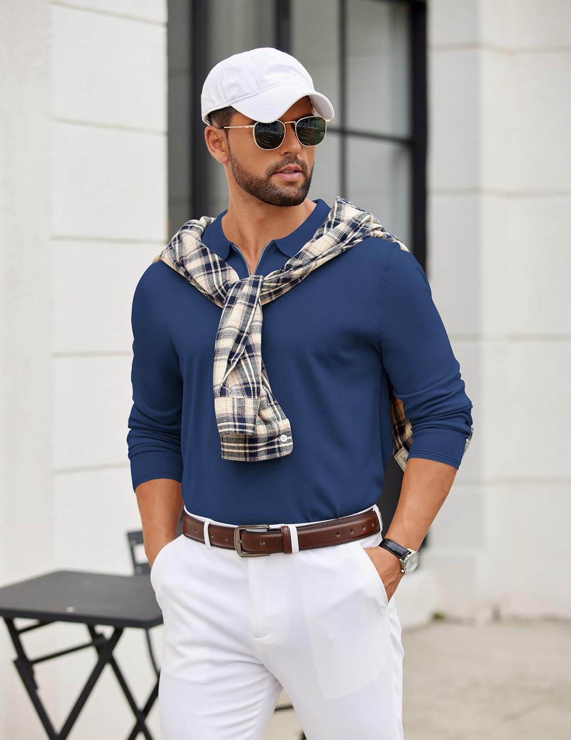 imageCOOFANDY Mens Quarter Zip Polo Sweater Long Sleeve Knit Polo Casual Lightweight Dress PulloverBlue