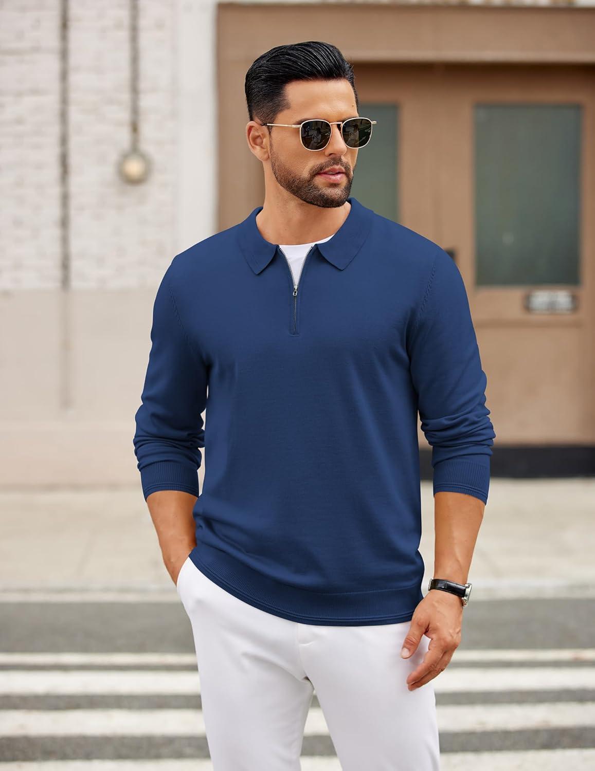 imageCOOFANDY Mens Quarter Zip Polo Sweater Long Sleeve Knit Polo Casual Lightweight Dress PulloverBlue