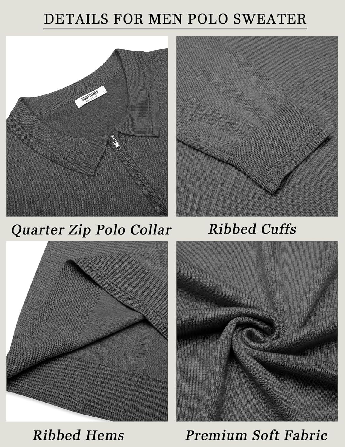 imageCOOFANDY Mens Quarter Zip Polo Sweater Long Sleeve Knit Polo Casual Lightweight Dress PulloverDark Grey
