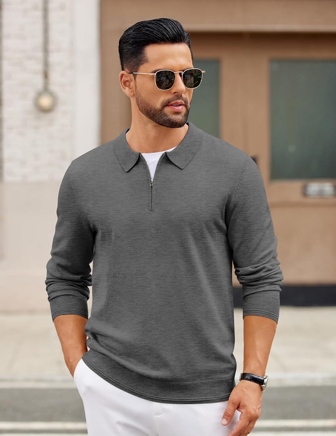 imageCOOFANDY Mens Quarter Zip Polo Sweater Long Sleeve Knit Polo Casual Lightweight Dress PulloverDark Grey