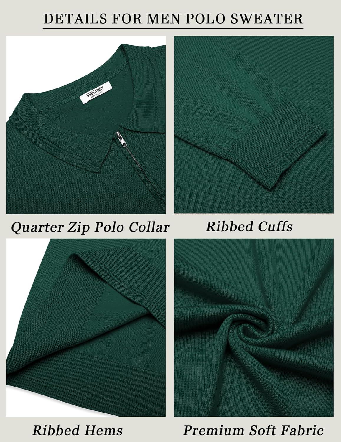imageCOOFANDY Mens Quarter Zip Polo Sweater Long Sleeve Knit Polo Casual Lightweight Dress PulloverGreen