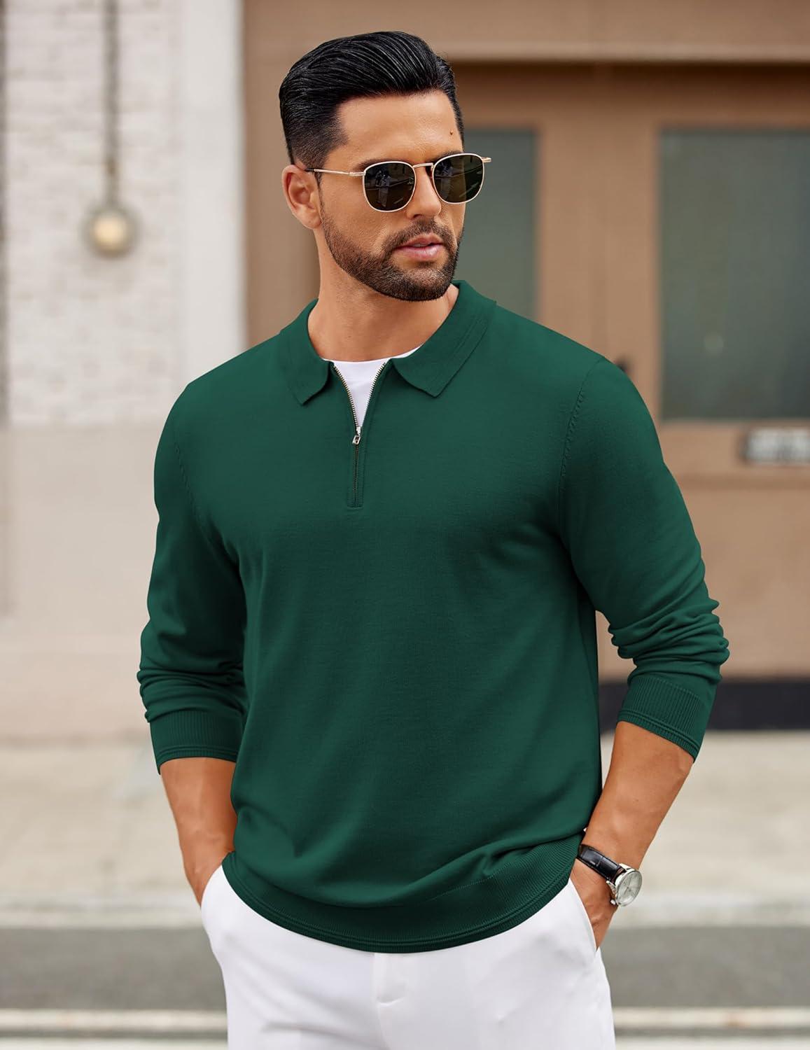 imageCOOFANDY Mens Quarter Zip Polo Sweater Long Sleeve Knit Polo Casual Lightweight Dress PulloverGreen