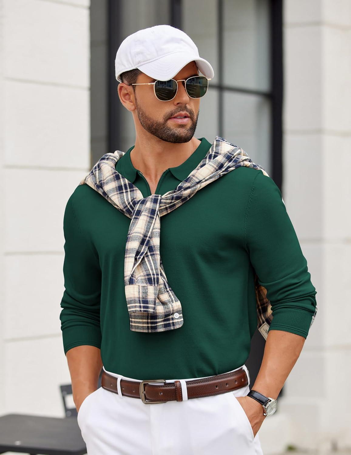 imageCOOFANDY Mens Quarter Zip Polo Sweater Long Sleeve Knit Polo Casual Lightweight Dress PulloverGreen