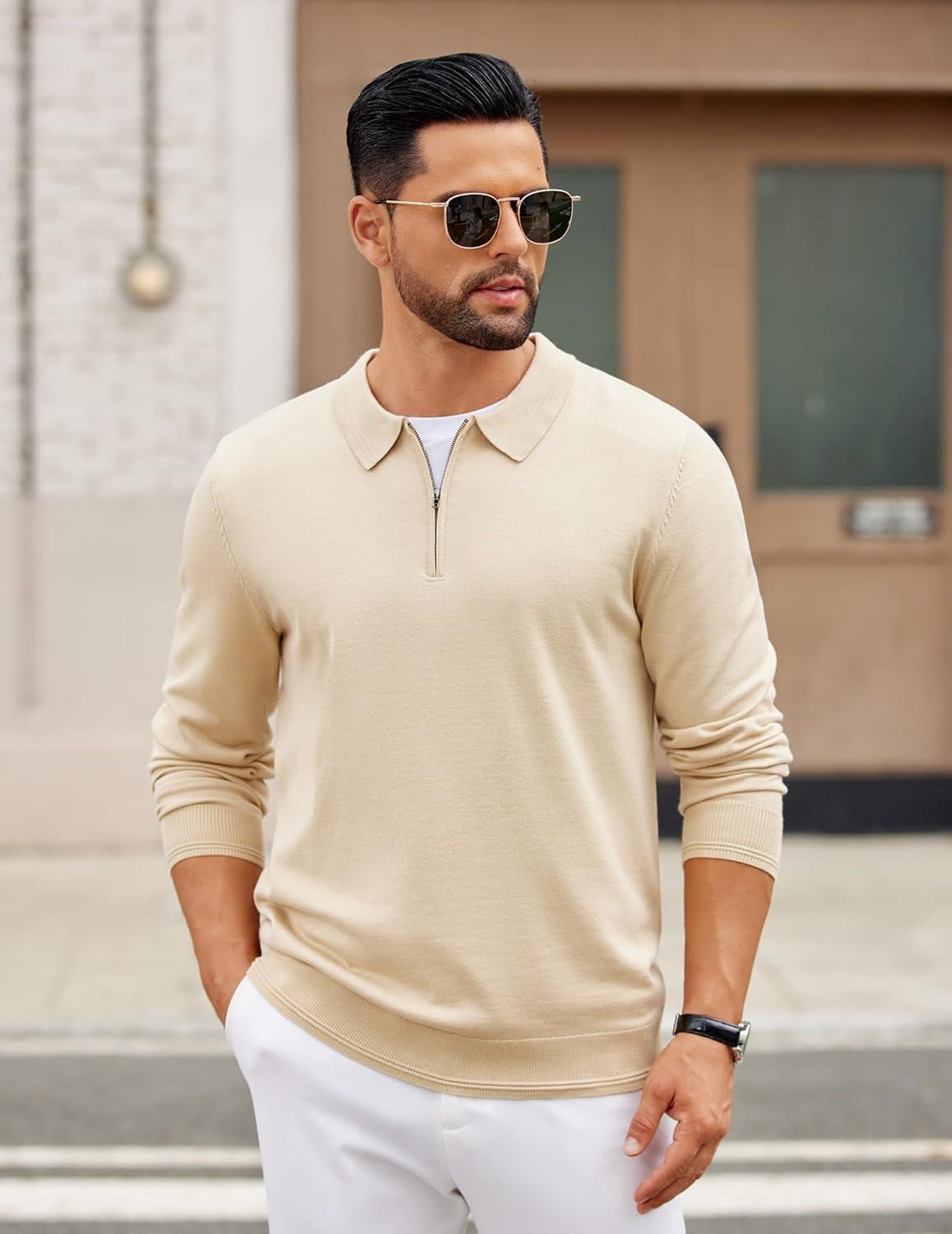 imageCOOFANDY Mens Quarter Zip Polo Sweater Long Sleeve Knit Polo Casual Lightweight Dress PulloverKhaki