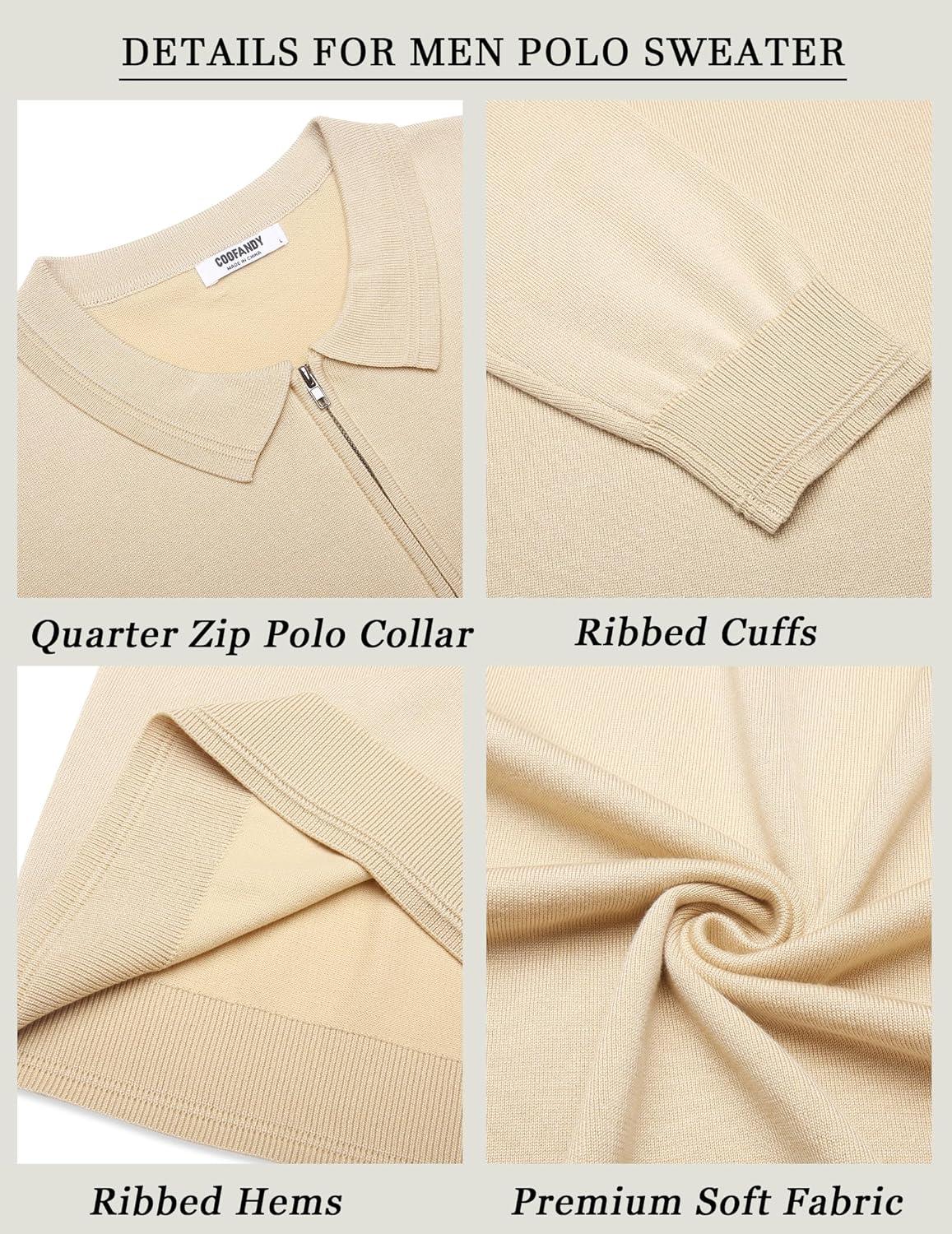 imageCOOFANDY Mens Quarter Zip Polo Sweater Long Sleeve Knit Polo Casual Lightweight Dress PulloverKhaki